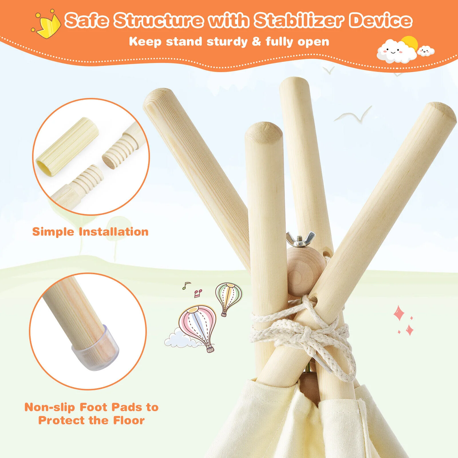 Foldable Kids Canvas Teepee Play Tent, Beige - Image 7