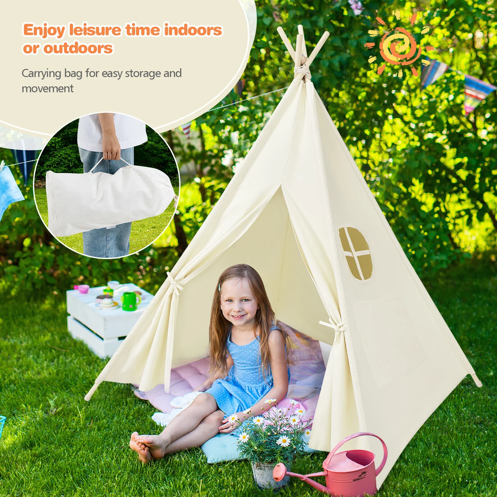 Foldable Kids Canvas Teepee Play Tent, Beige - Image 8