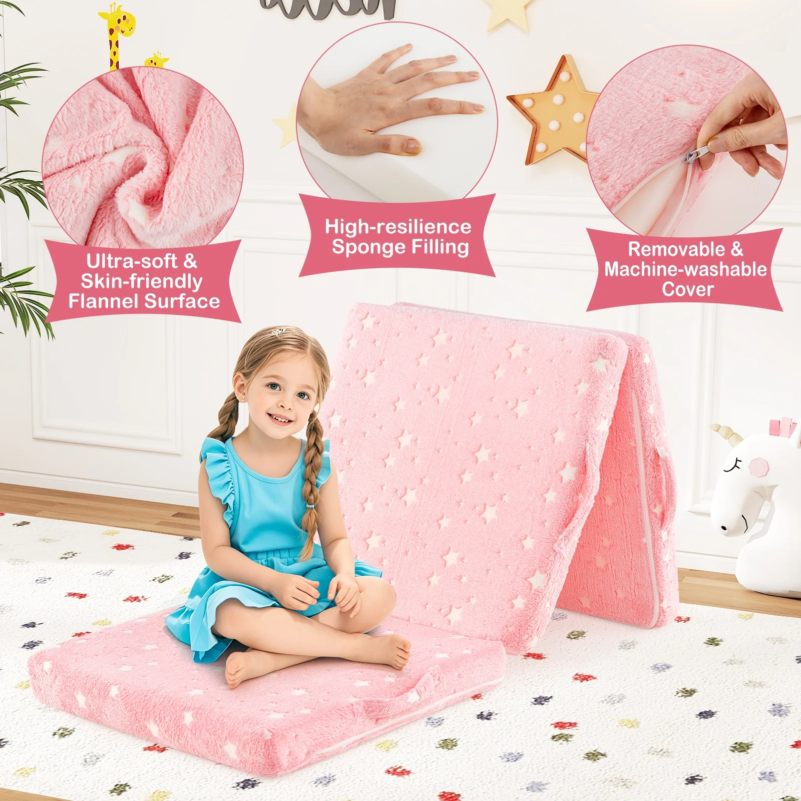 Foldable Kids Floor Mattress, Washable Flannel Cover, Pink - Image 10