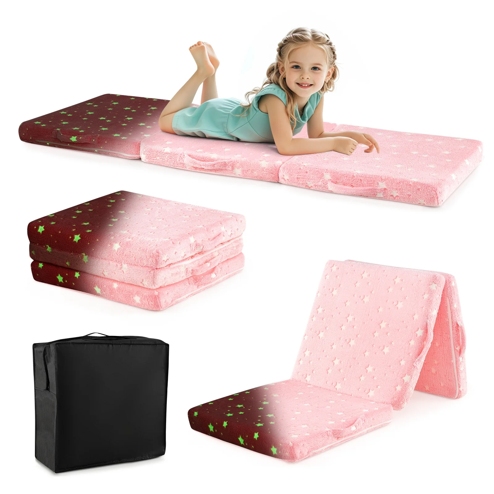 Foldable Kids Floor Mattress, Washable Flannel Cover, Pink - Image 4