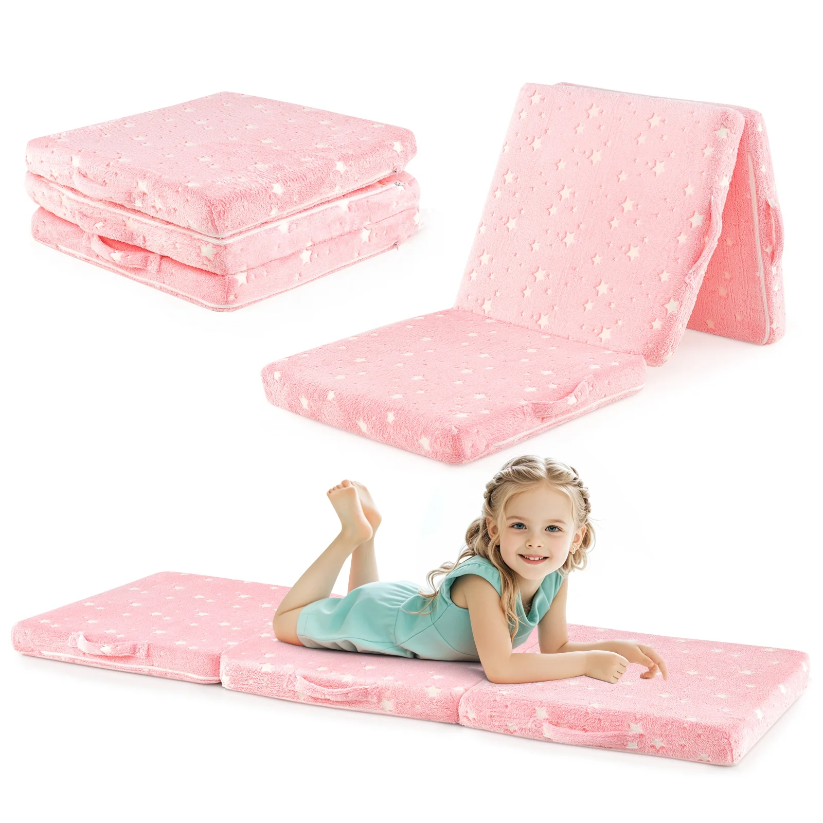 Foldable Kids Floor Mattress, Washable Flannel Cover, Pink - Image 5
