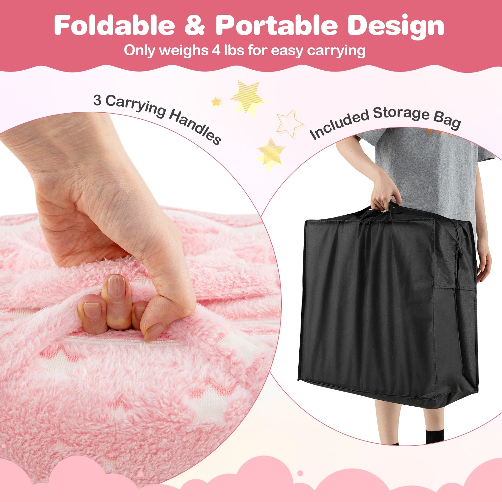 Foldable Kids Floor Mattress, Washable Flannel Cover, Pink - Image 7