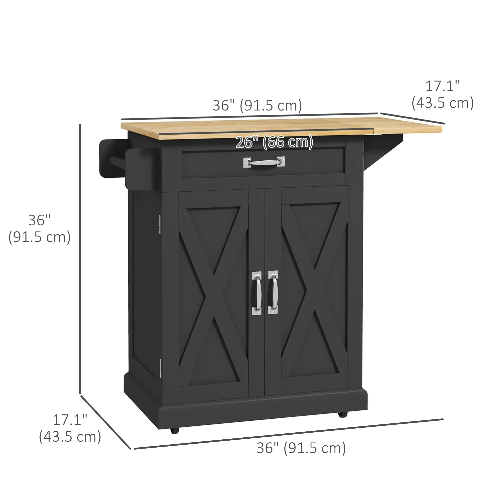 Foldable Kitchen Island With Storage Drawer, Farmhouse Rolling Cart, Black - Image 3