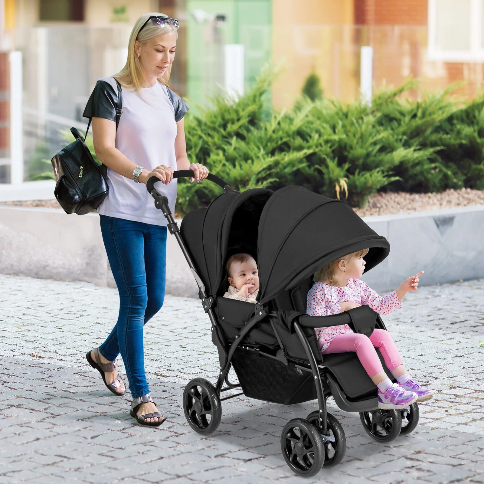 Foldable Lightweight Front Back Seats Double Baby Stroller, Black - Image 2