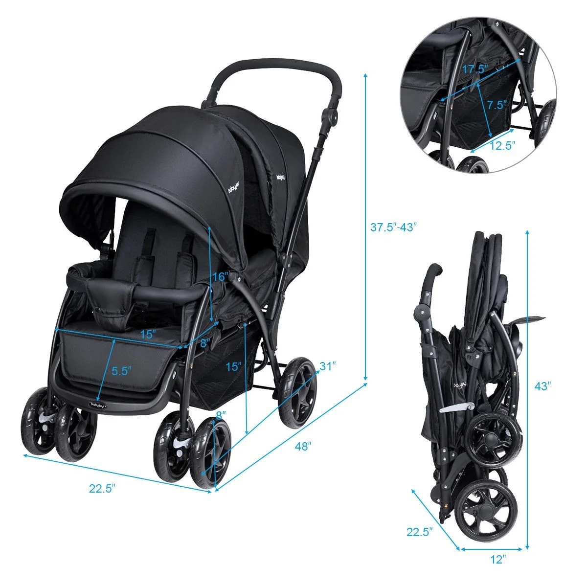 Foldable Lightweight Front Back Seats Double Baby Stroller, Black - Image 5