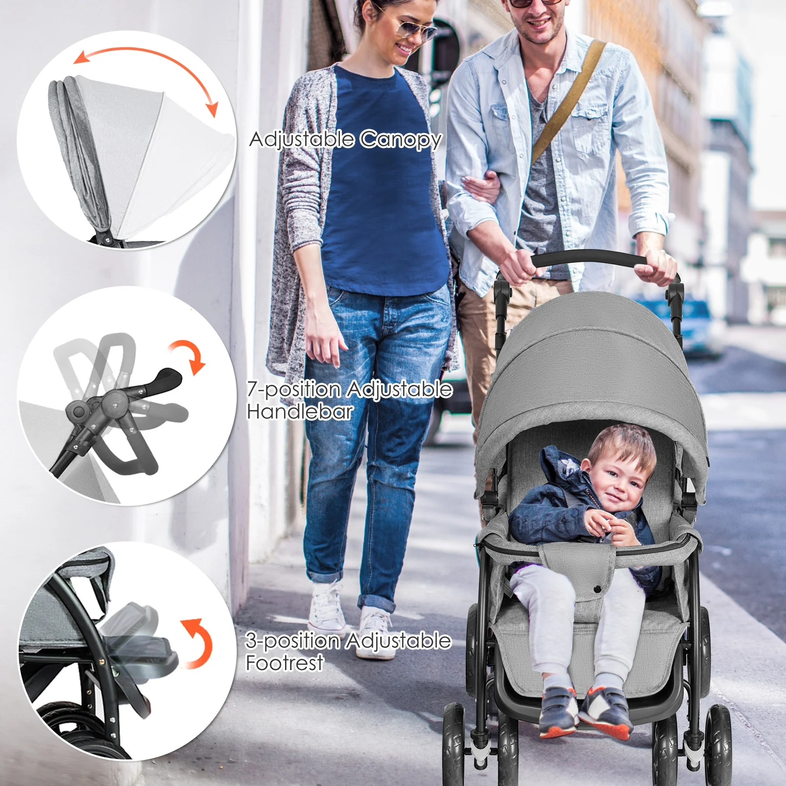 Foldable Lightweight Front Back Seats Double Baby Stroller, Gray - Image 10