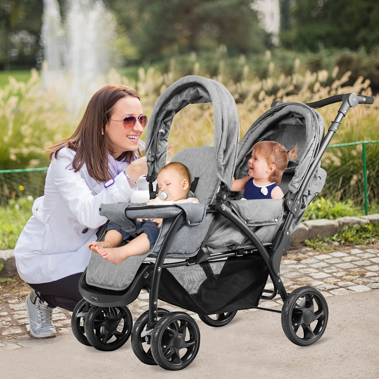 Foldable Lightweight Front Back Seats Double Baby Stroller, Gray - Image 2