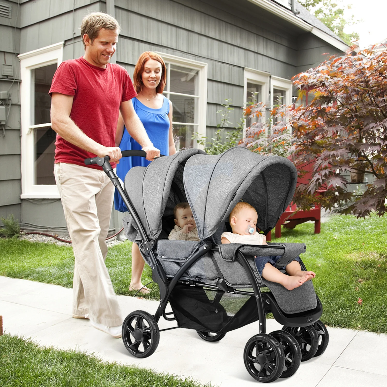 Foldable Lightweight Front Back Seats Double Baby Stroller, Gray - Image 3