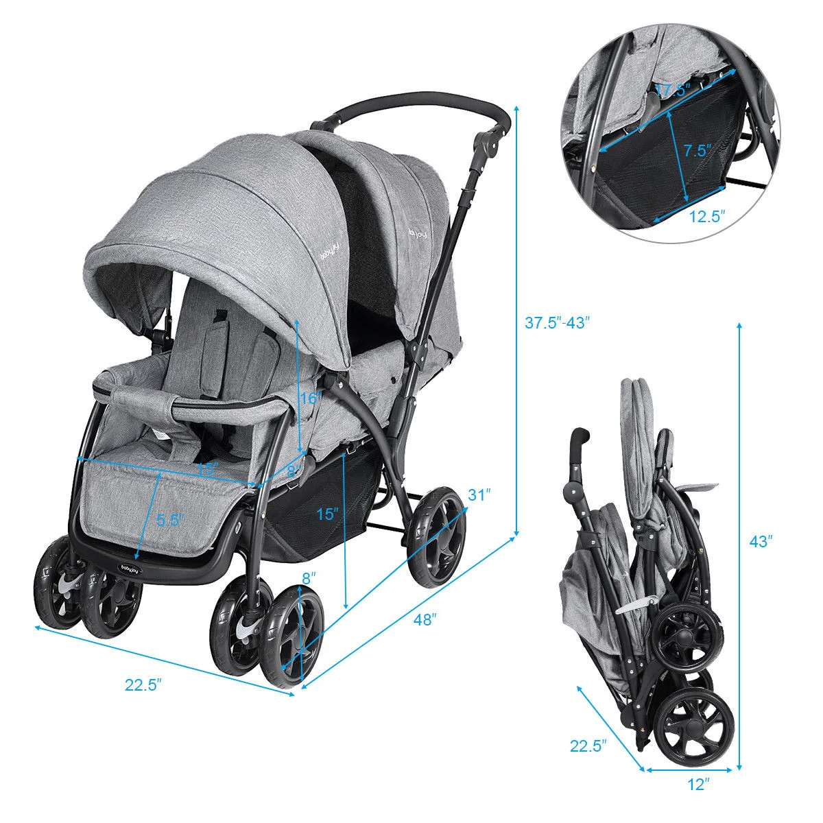 Foldable Lightweight Front Back Seats Double Baby Stroller, Gray - Image 5