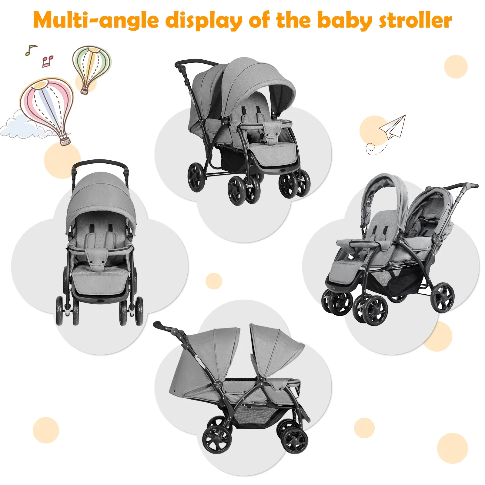 Foldable Lightweight Front Back Seats Double Baby Stroller, Gray - Image 6