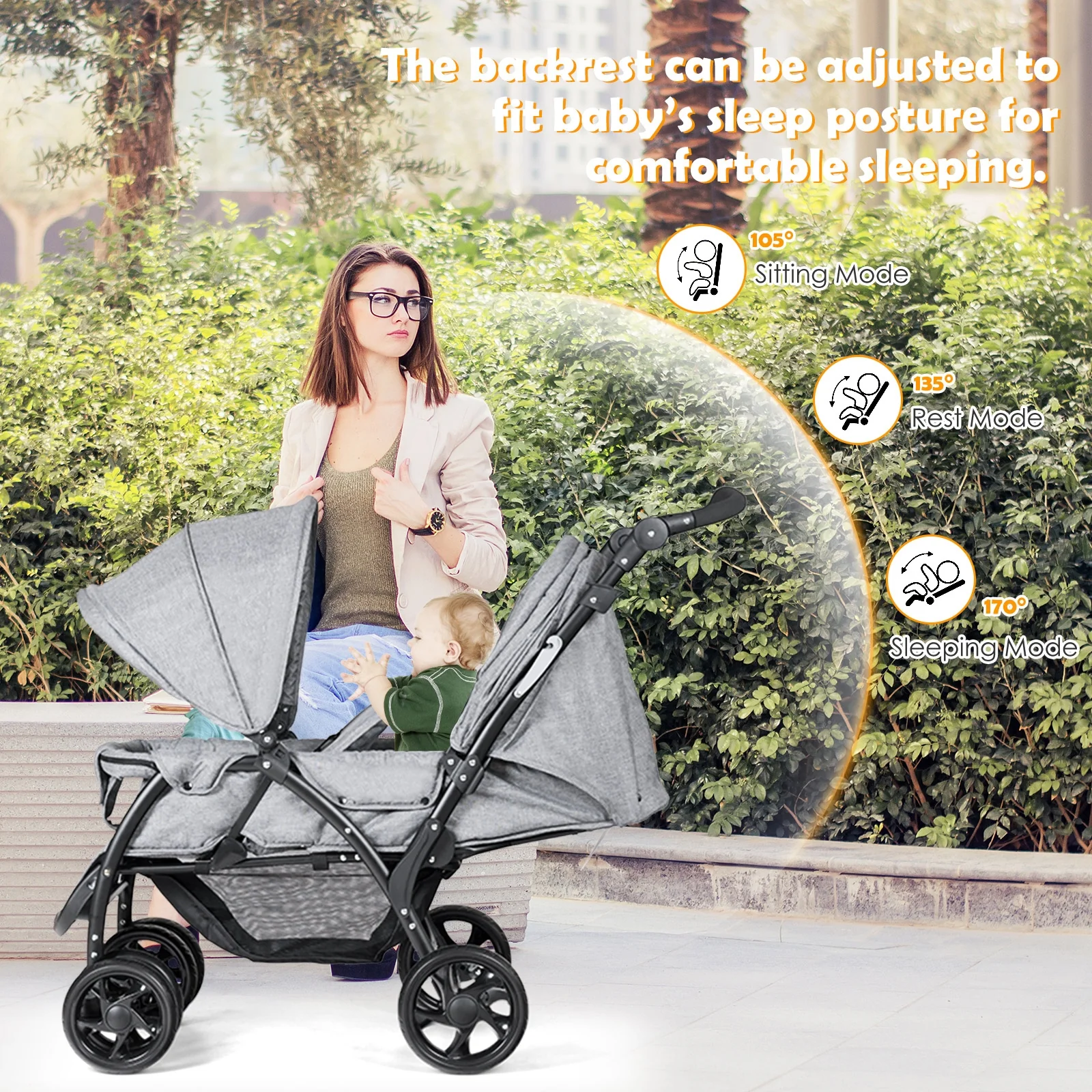 Foldable Lightweight Front Back Seats Double Baby Stroller, Gray - Image 8