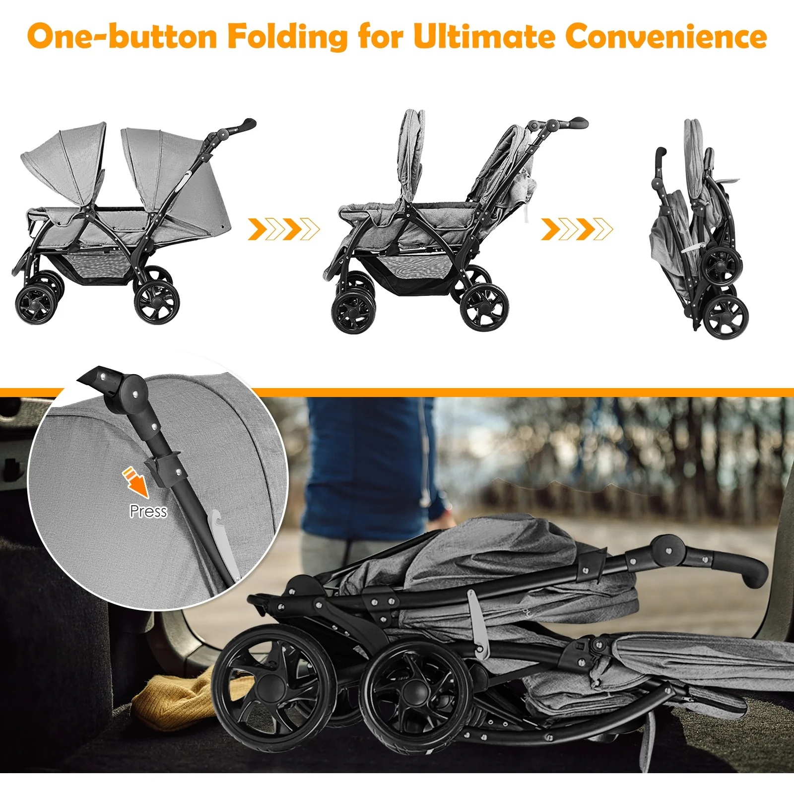 Foldable Lightweight Front Back Seats Double Baby Stroller, Gray - Image 9