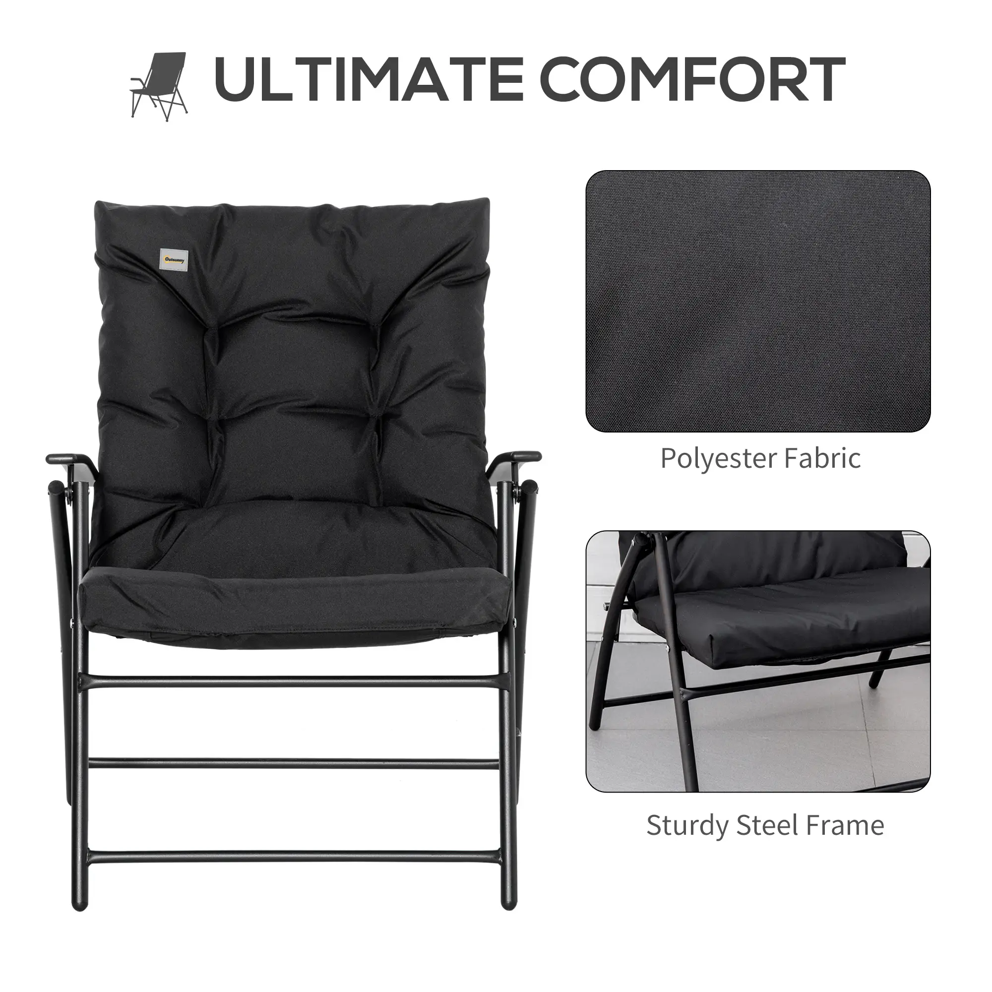 Foldable Lounge Chair, Fabric Recliner, Outdoor Lounger, Black - Image 6