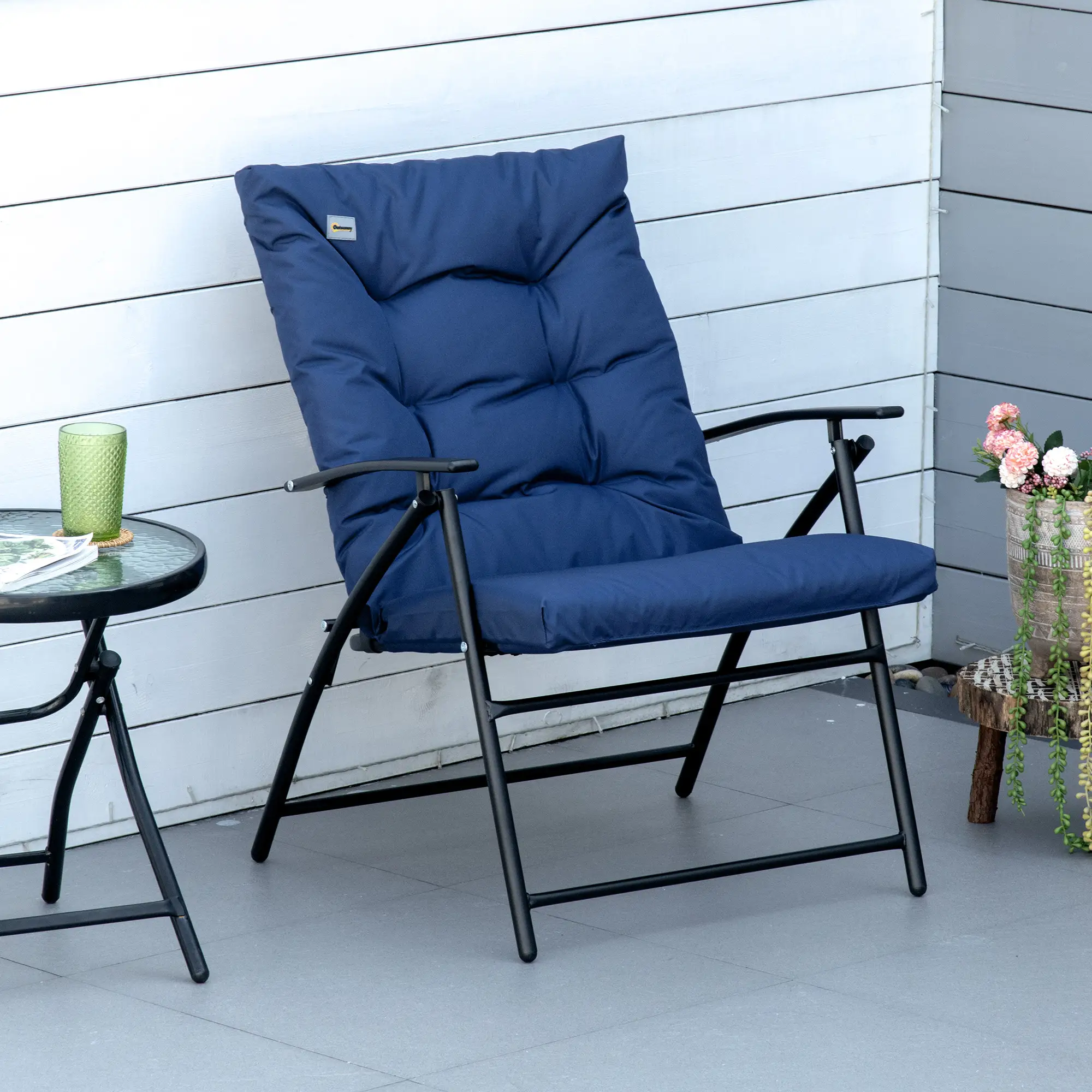 Foldable Lounge Chair, Fabric Recliner, Outdoor Lounger with Armrest, Blue - Image 2