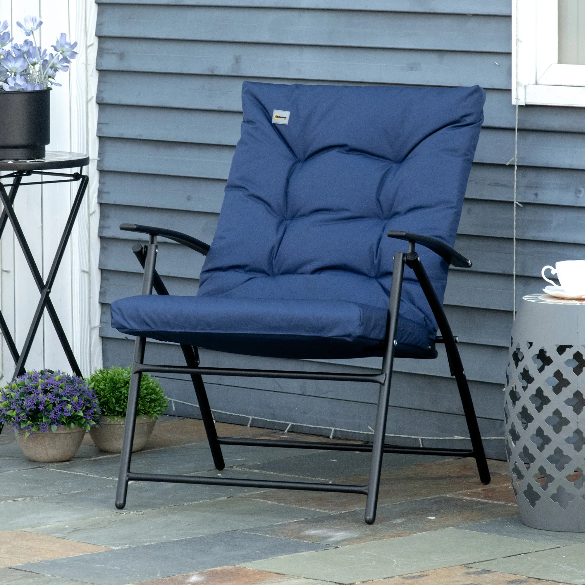 Foldable Lounge Chair, Fabric Recliner, Outdoor Lounger with Armrest, Blue - Image 8