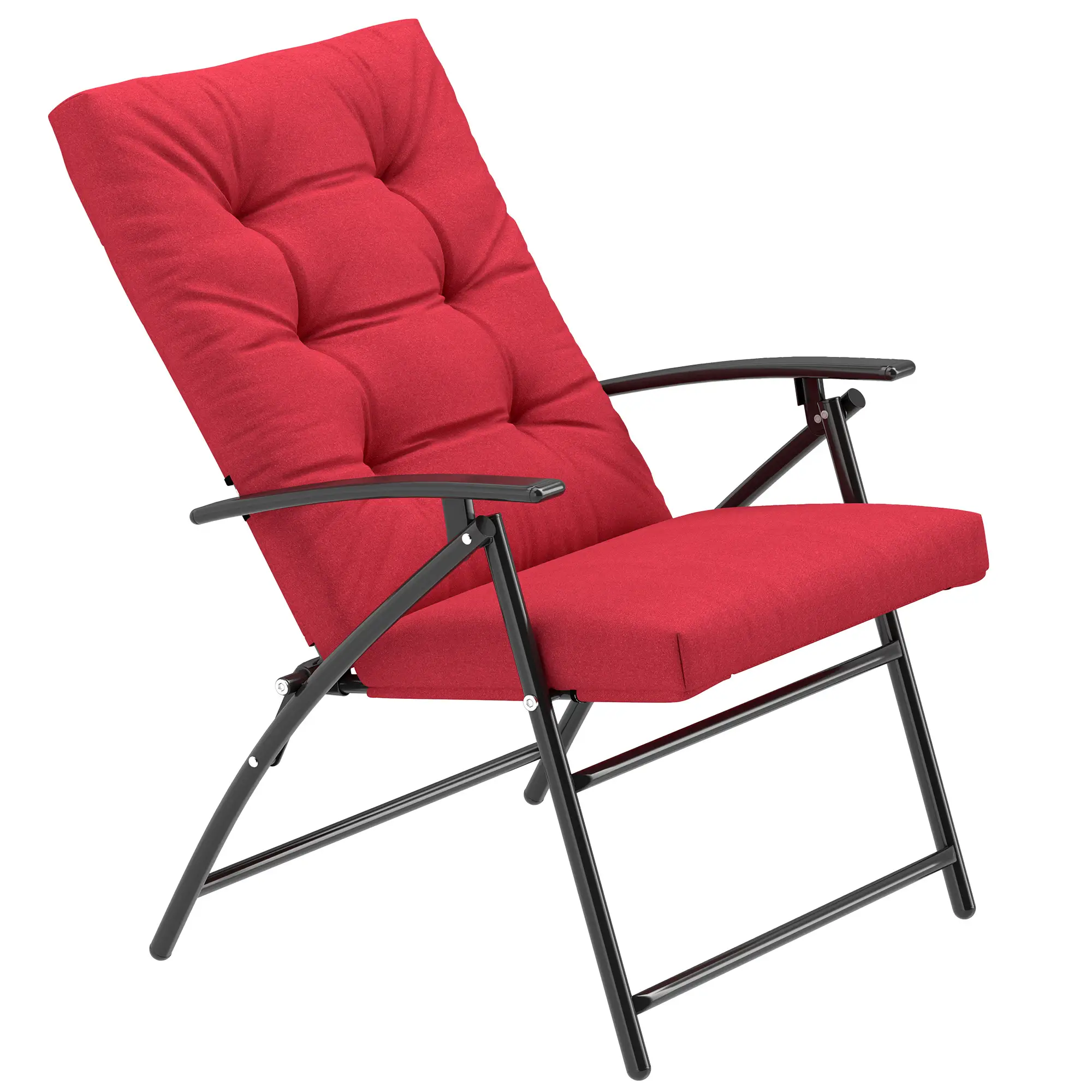 Foldable Lounge Chair, Fabric Recliner, Outdoor Lounger with Armrest, Metal Frame, Red