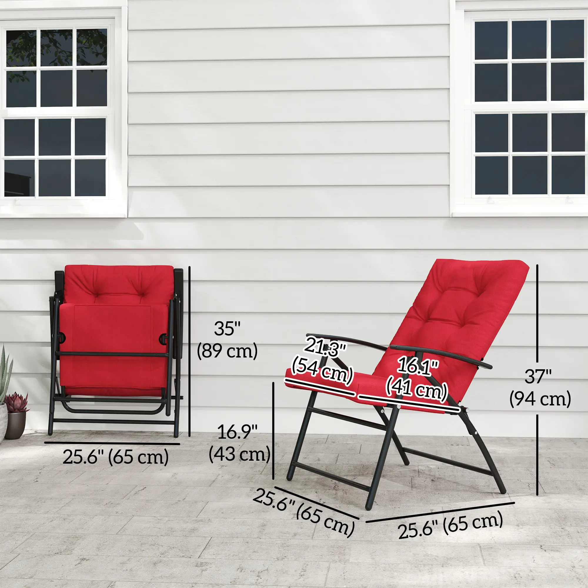 Foldable Lounge Chair, Fabric Recliner, Outdoor Lounger with Armrest, Metal Frame, Red - Image 3