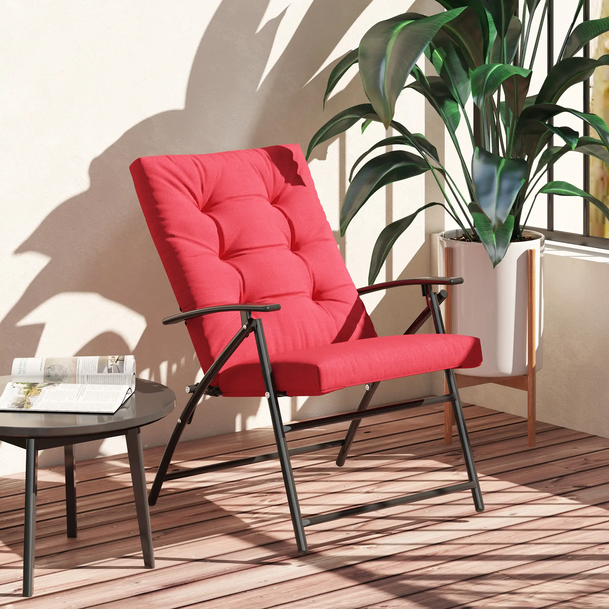 Foldable Lounge Chair, Fabric Recliner, Outdoor Lounger with Armrest, Metal Frame, Red - Image 7