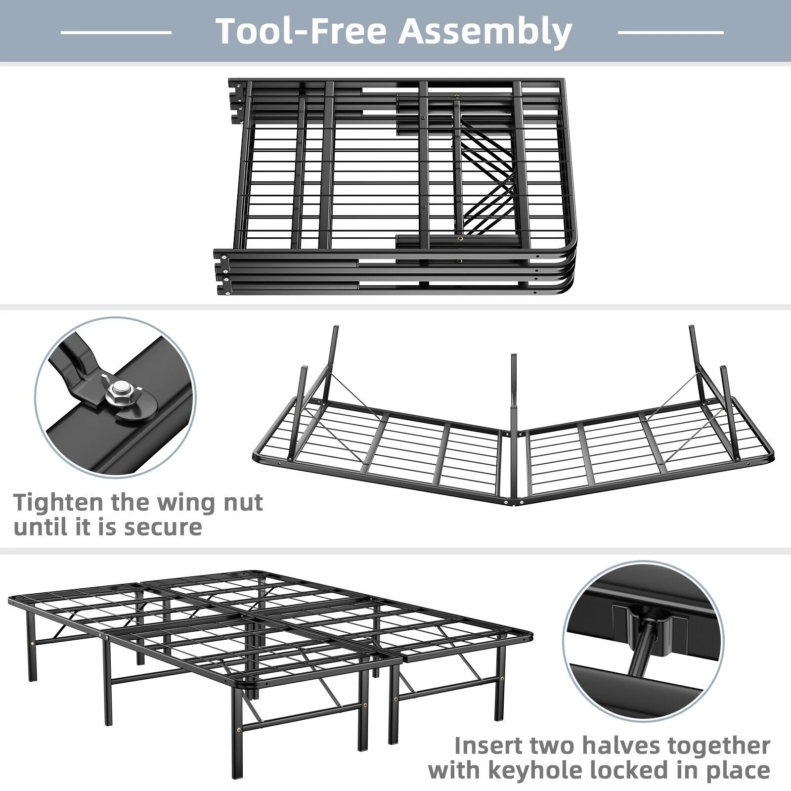 Foldable Metal Platform Bed, Full Size, Tool-Free Assembly, Black - Image 10