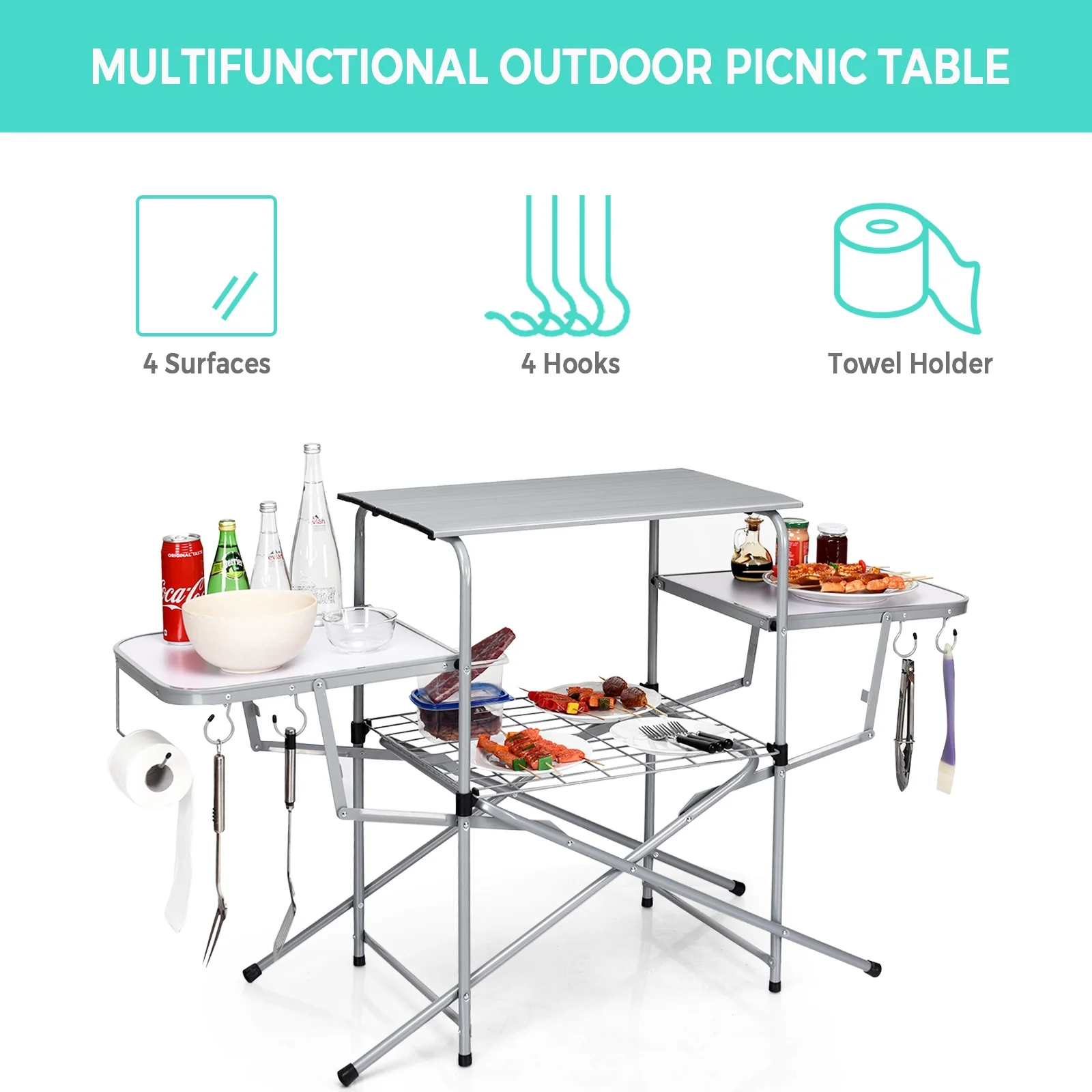 Foldable Outdoor BBQ Table Grilling Stand, Silver - Image 10