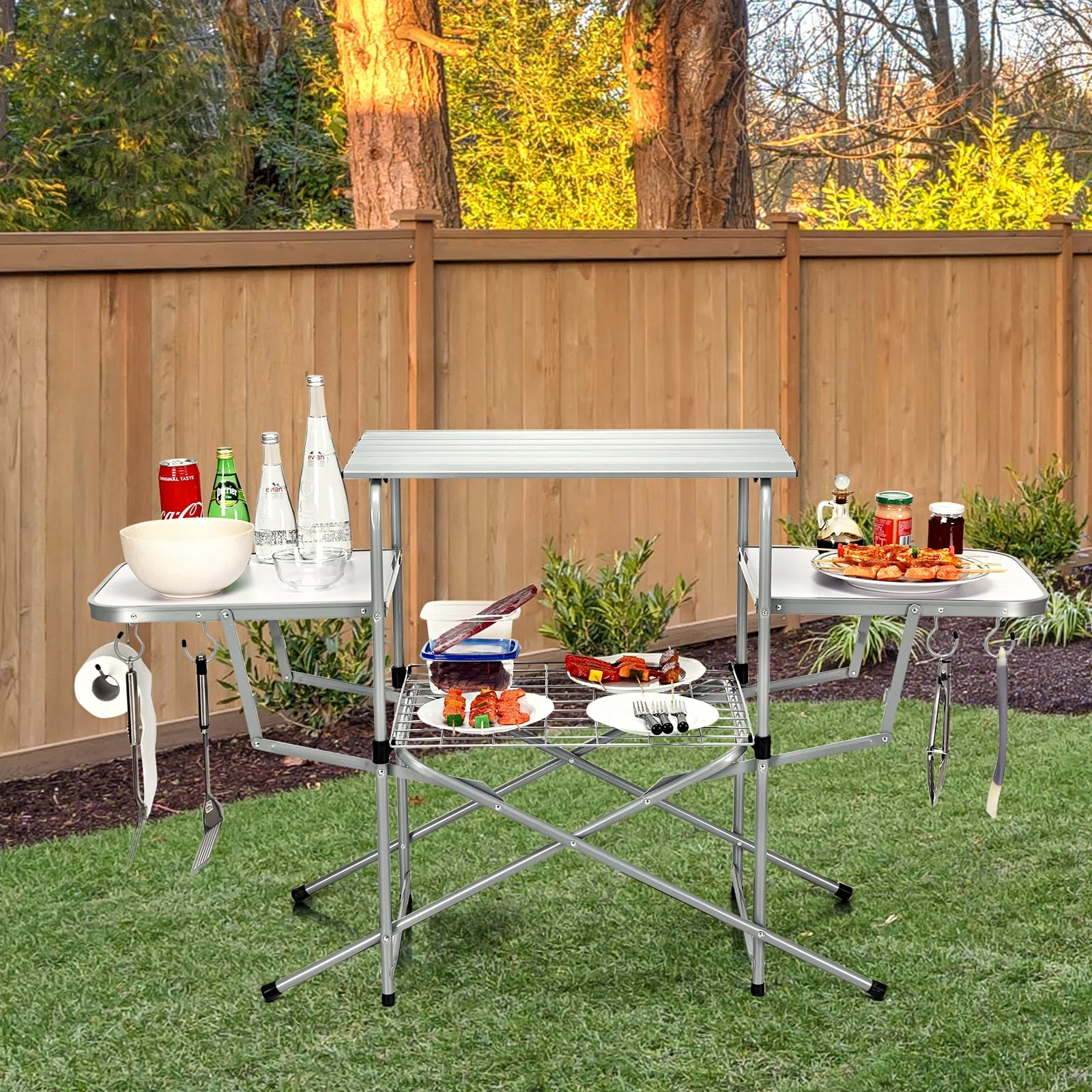 Foldable Outdoor BBQ Table Grilling Stand, Silver - Image 2