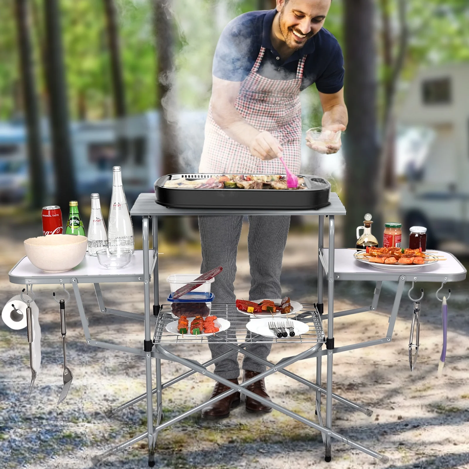 Foldable Outdoor BBQ Table Grilling Stand, Silver - Image 3