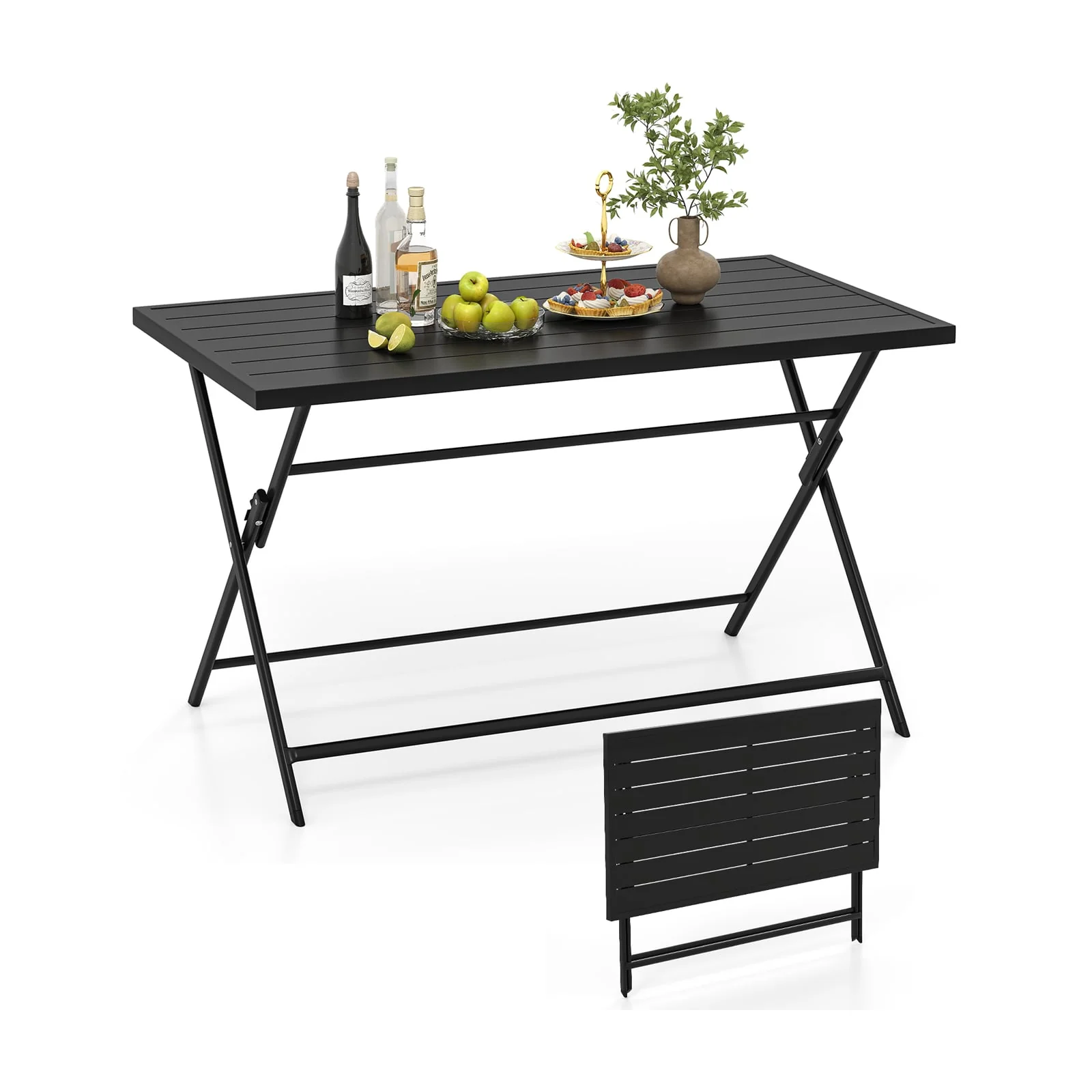 Foldable Outdoor Dining Table 48x30in Rectangular Metal Patio, Black