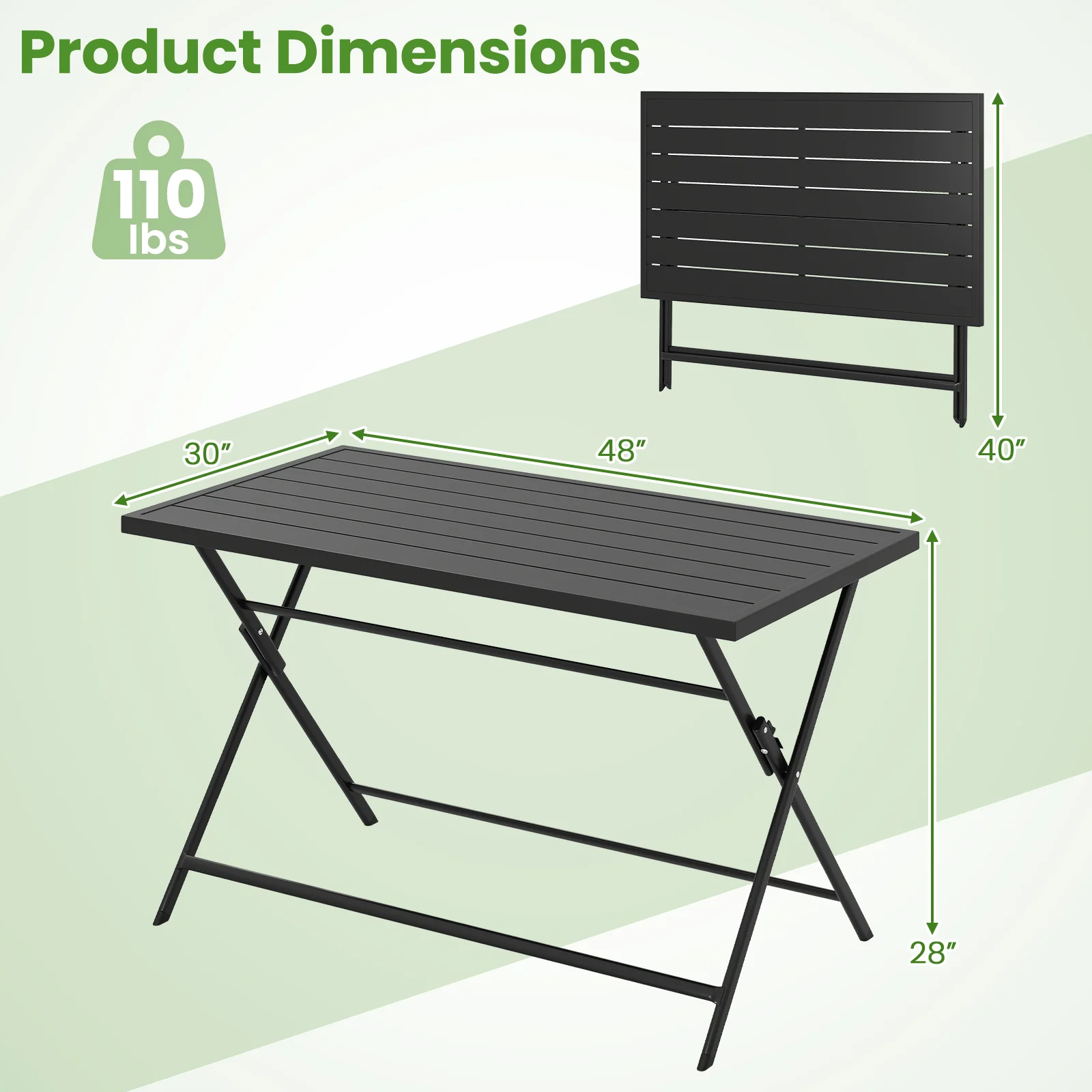 Foldable Outdoor Dining Table 48x30in Rectangular Metal Patio, Black - Image 4