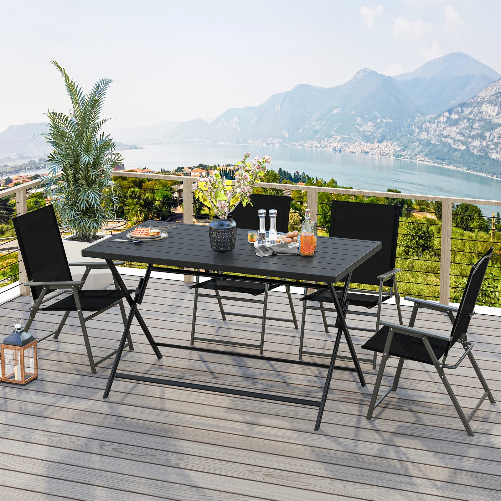 Foldable Outdoor Dining Table 48x30in Rectangular Metal Patio, Black - Image 5