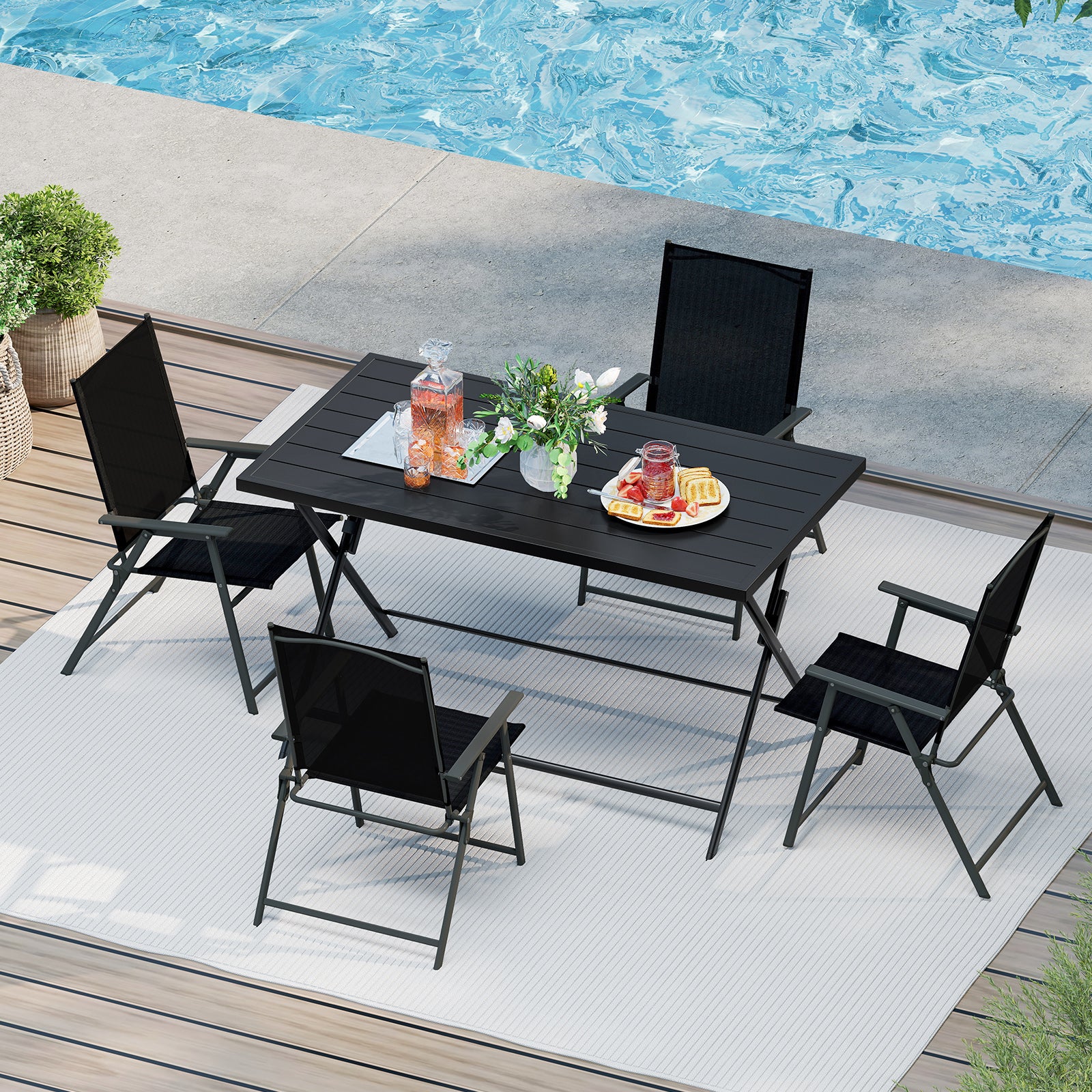 Foldable Outdoor Dining Table 48x30in Rectangular Metal Patio, Black - Image 6