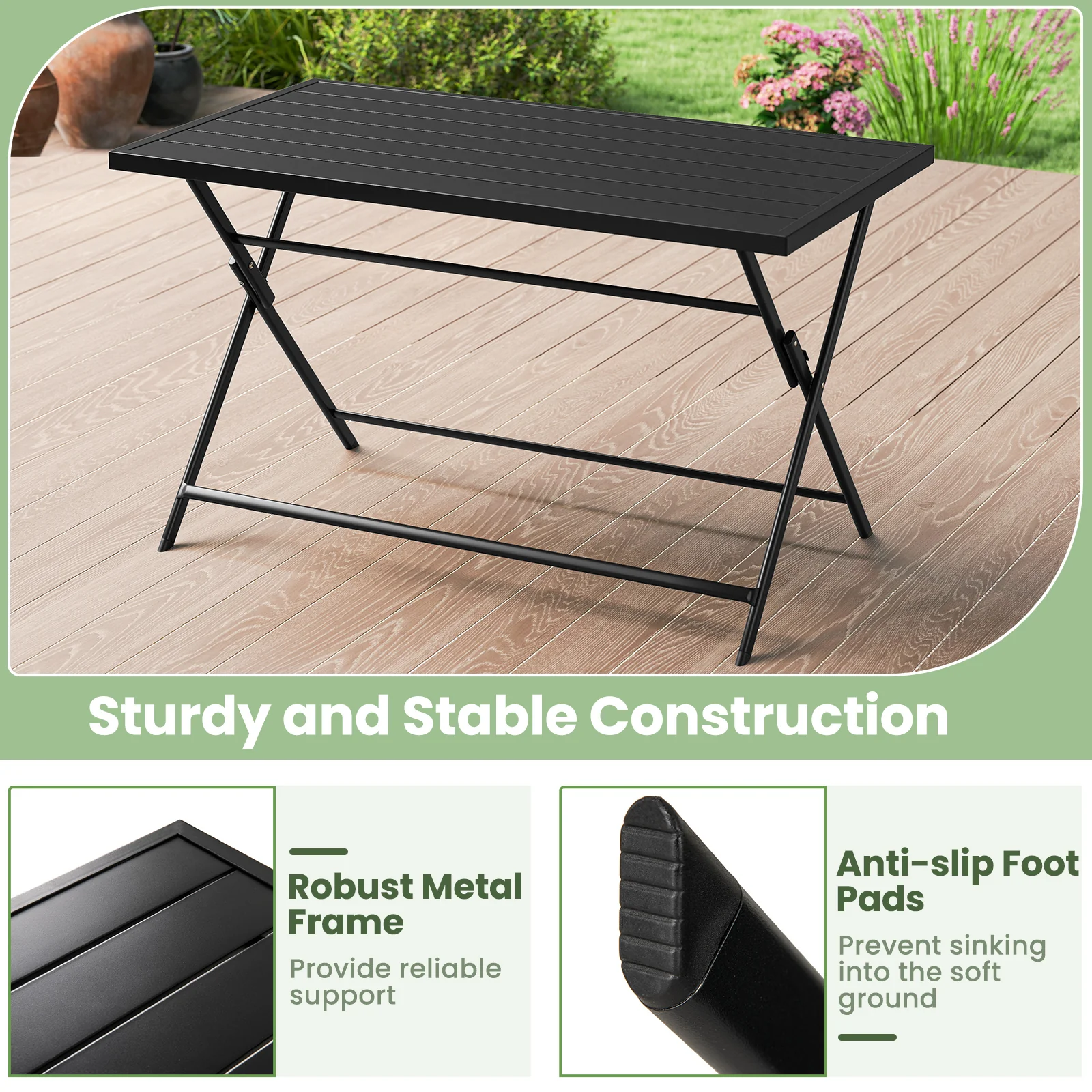 Foldable Outdoor Dining Table 48x30in Rectangular Metal Patio, Black - Image 7