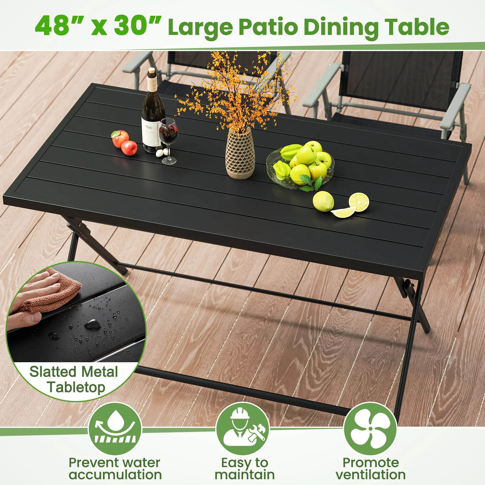 Foldable Outdoor Dining Table 48x30in Rectangular Metal Patio, Black - Image 8