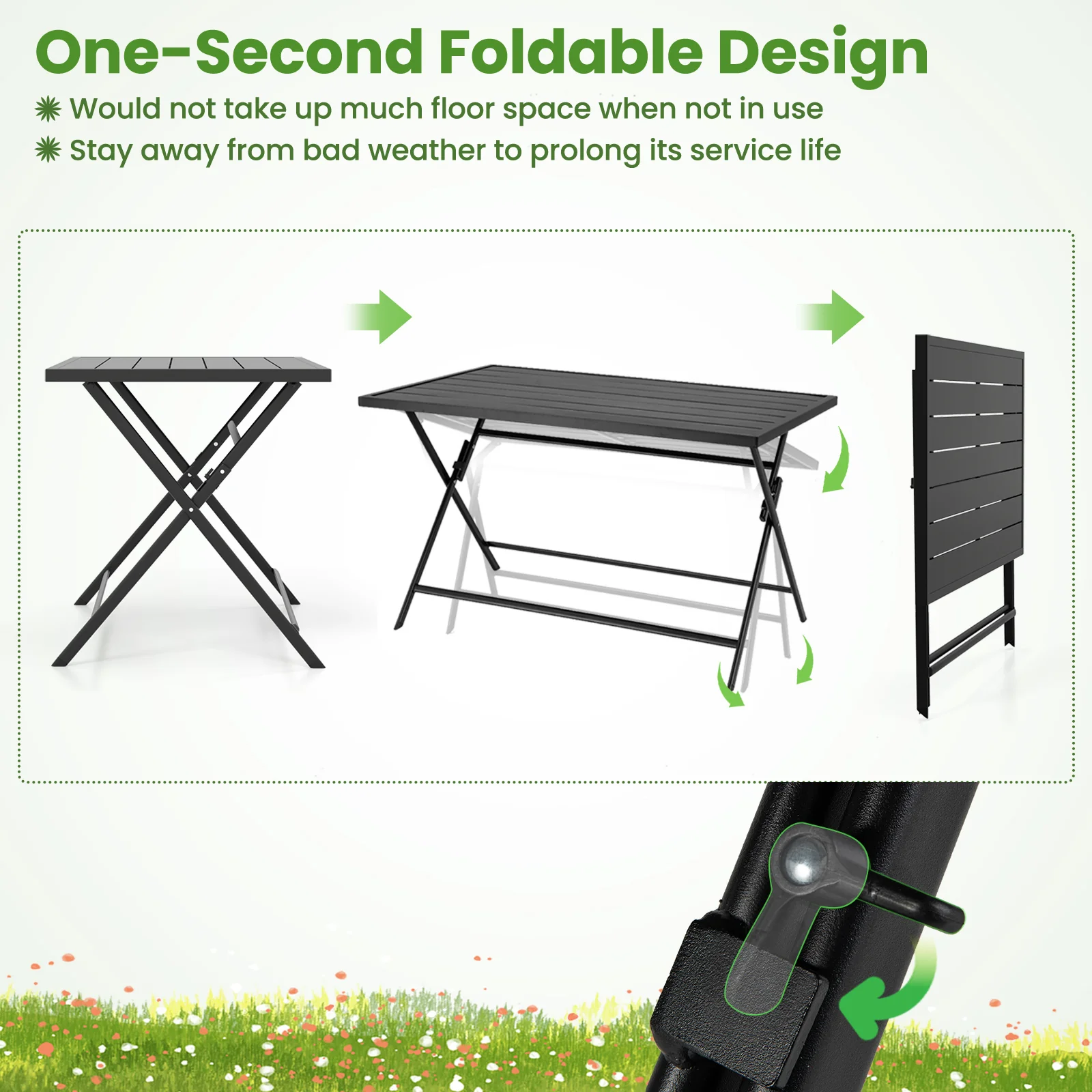 Foldable Outdoor Dining Table 48x30in Rectangular Metal Patio, Black - Image 9