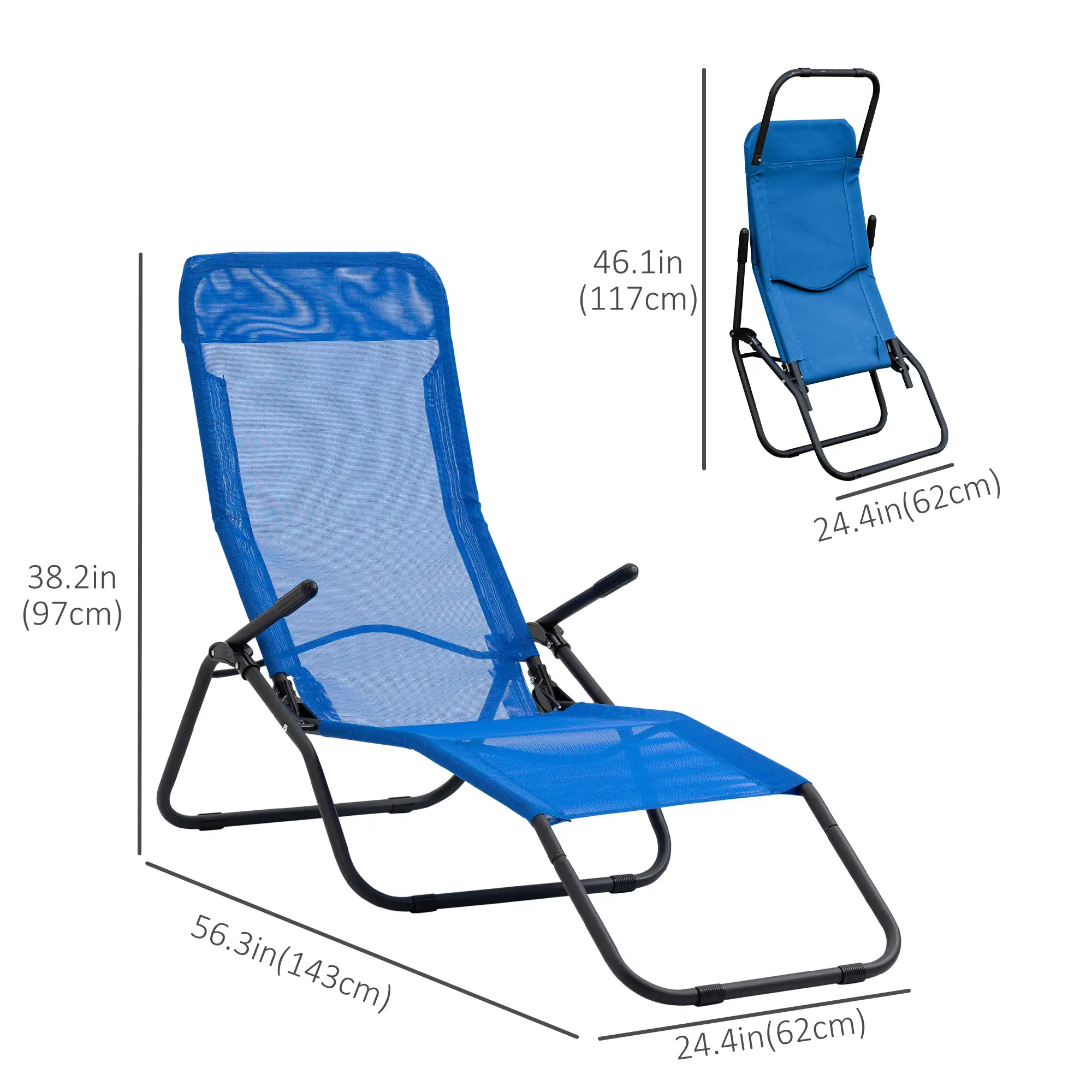 Foldable Patio Lounge Chair, Outdoor Beach Lounger, Breathable Mesh, Zero Gravity, Reclining, Blue - Image 3