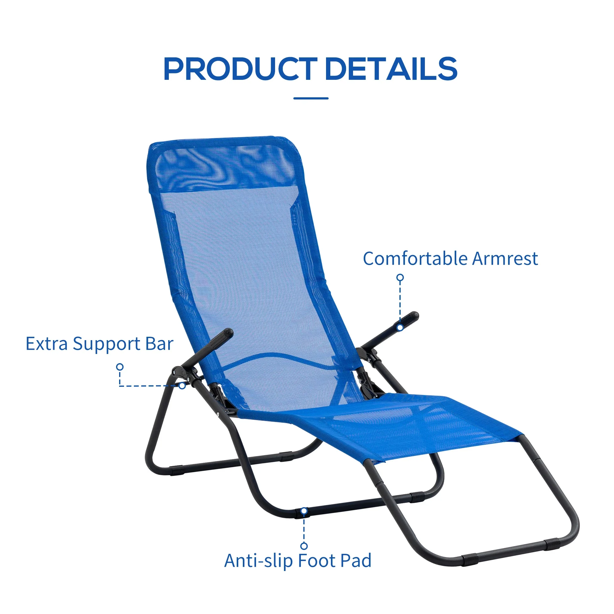 Foldable Patio Lounge Chair, Outdoor Beach Lounger, Breathable Mesh, Zero Gravity, Reclining, Blue - Image 6