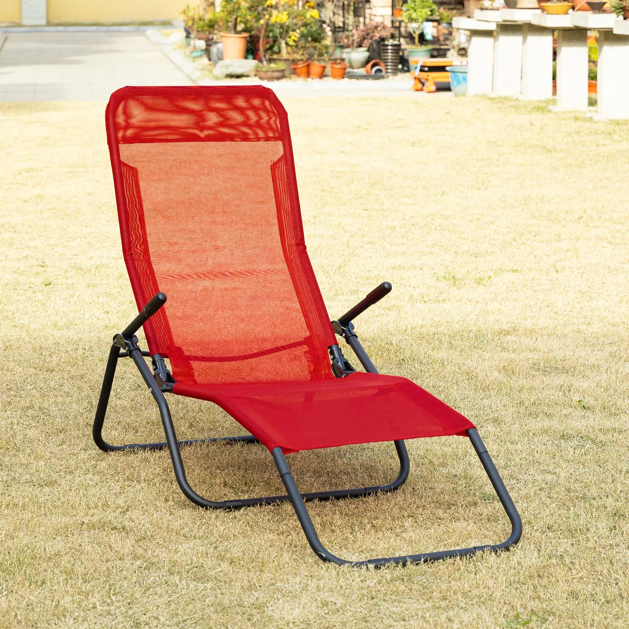 Foldable Patio Lounge Chair, Outdoor Beach Lounger, Breathable Mesh, Zero Gravity, Reclining, Footrests, Armrests, Garden, Pool, Red - Image 2