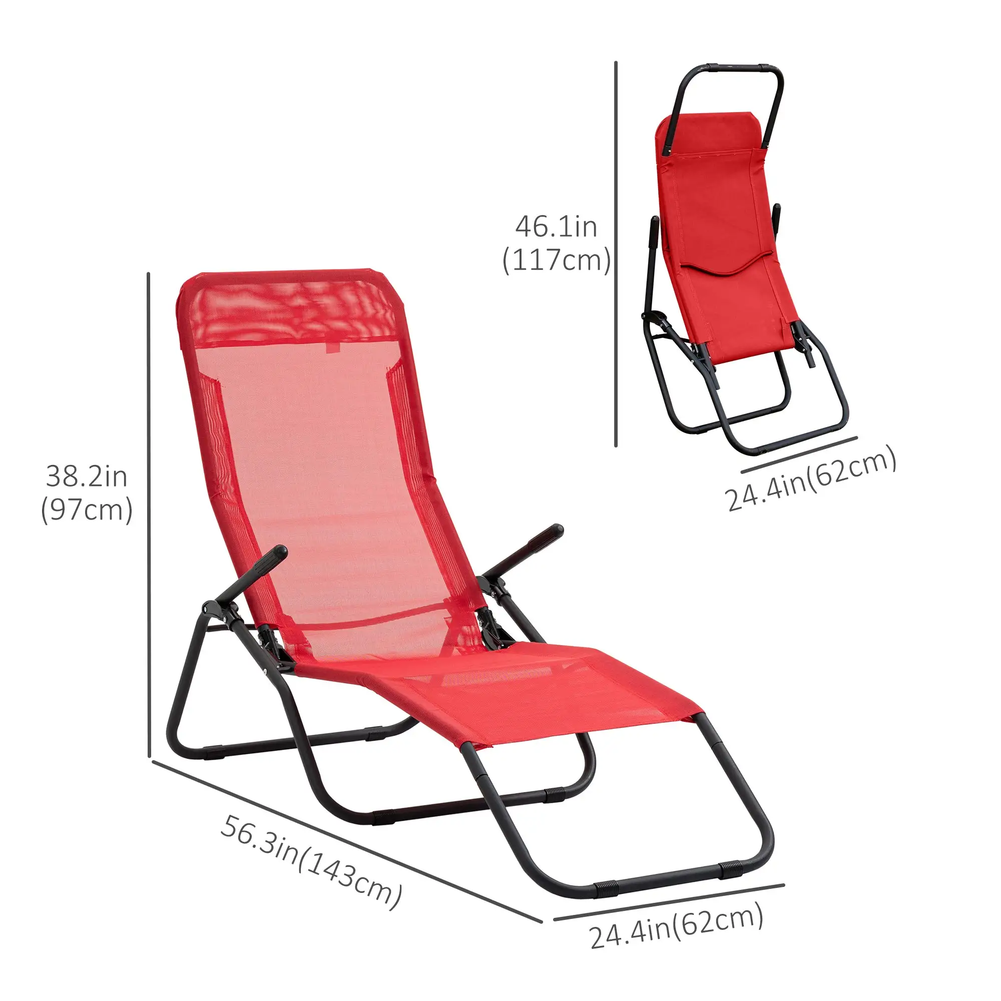 Foldable Patio Lounge Chair, Outdoor Beach Lounger, Breathable Mesh, Zero Gravity, Reclining, Footrests, Armrests, Garden, Pool, Red - Image 3