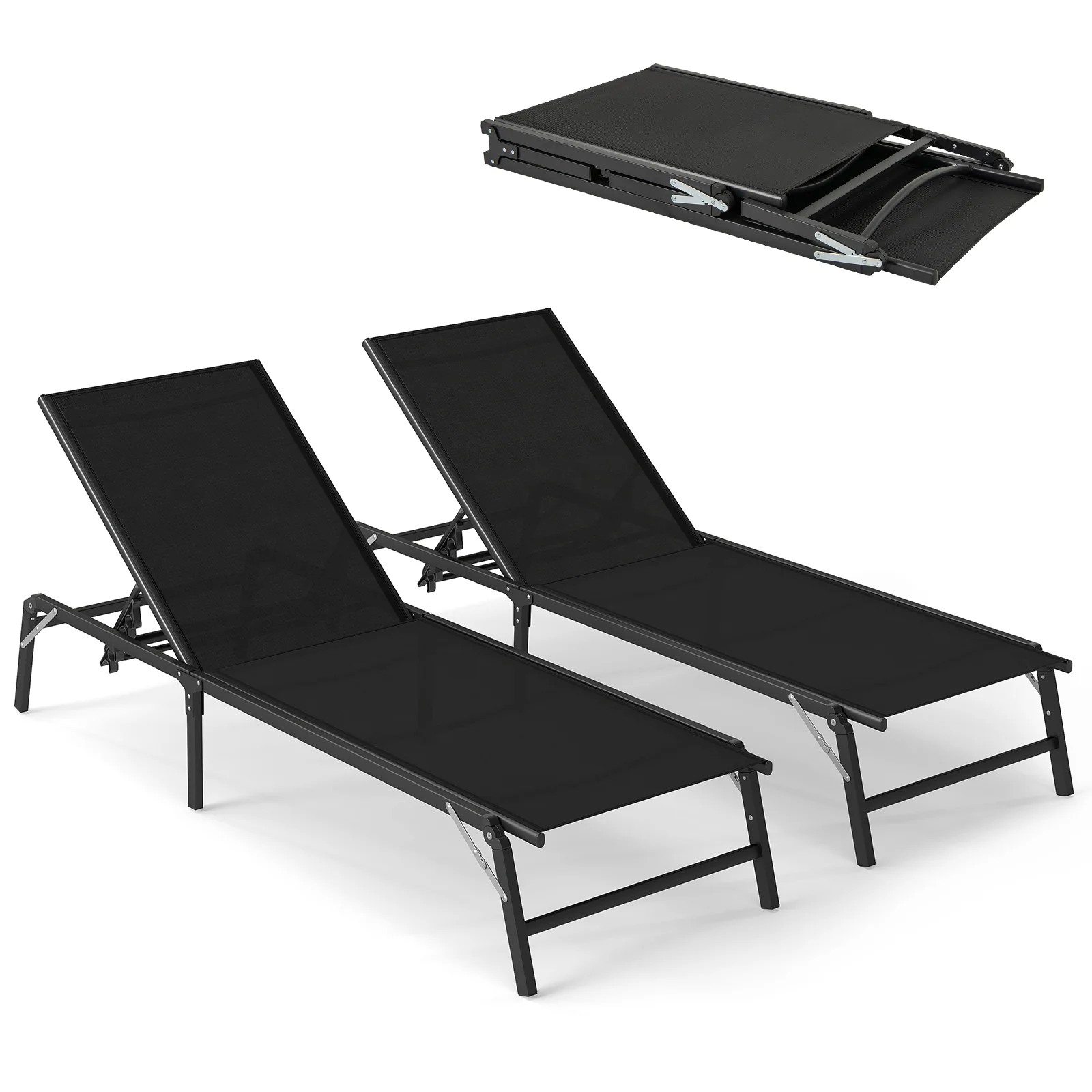 Foldable Patio Lounge Chair Set Of 2, Black - Image 5