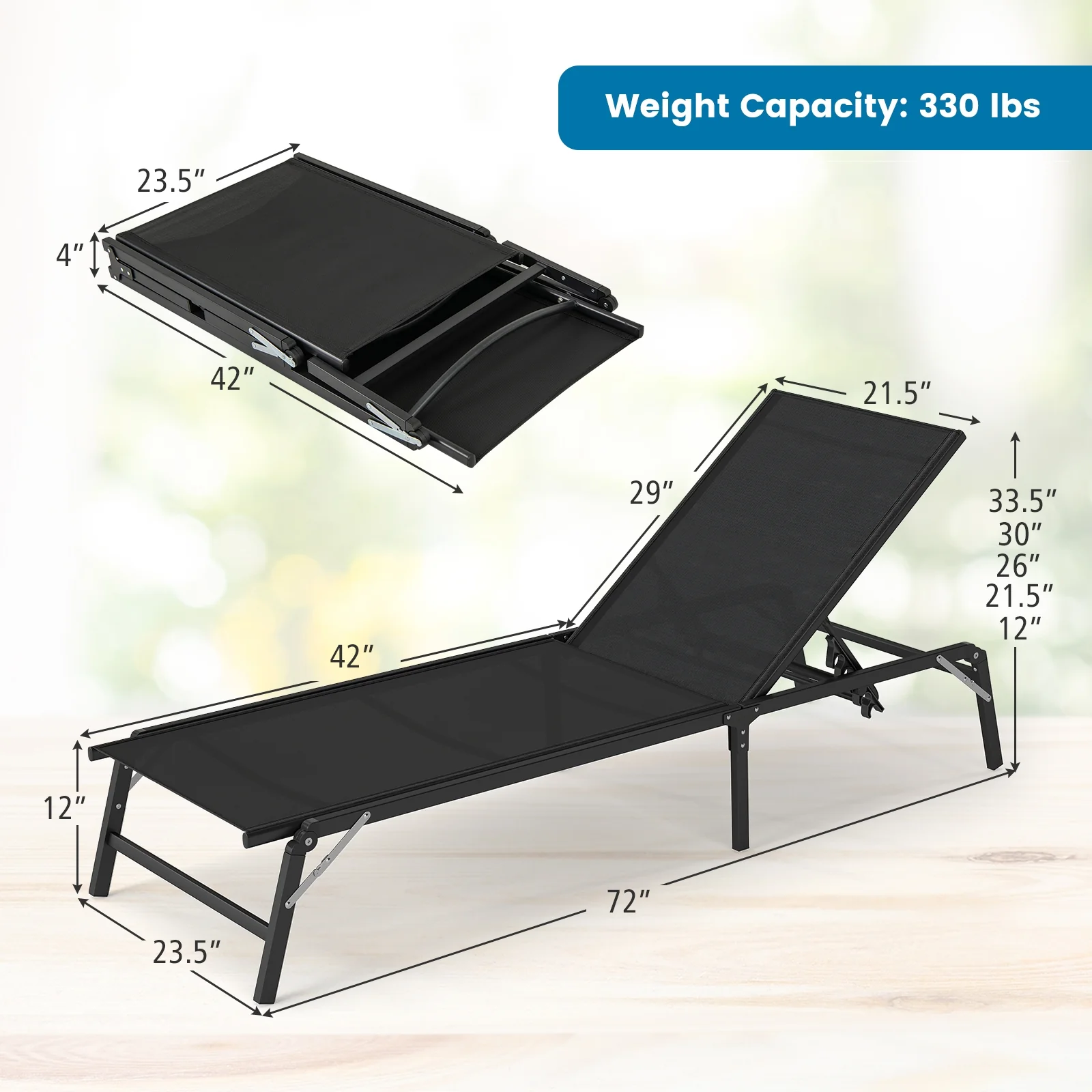 Foldable Patio Lounge Chair Set Of 2, Black - Image 6