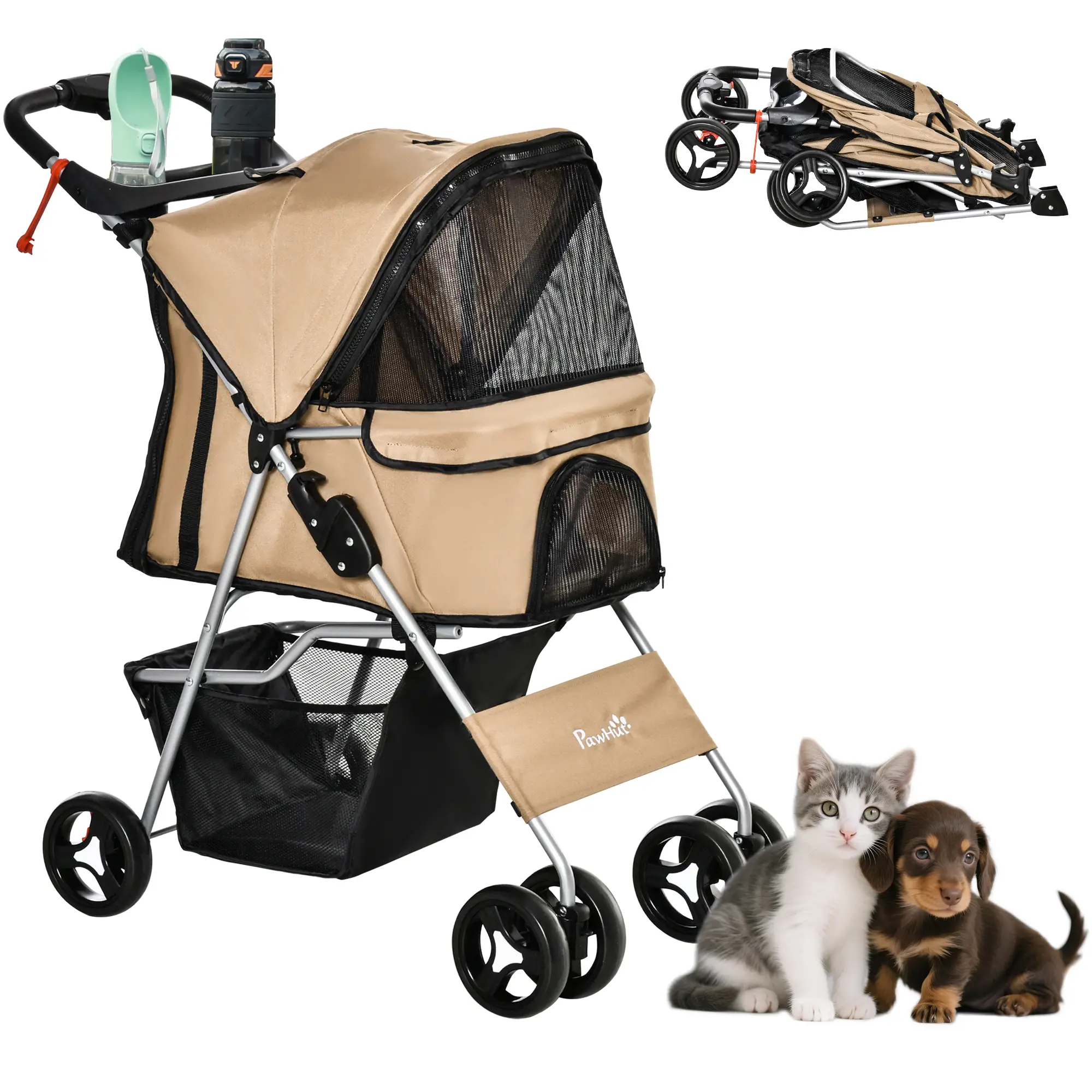 Foldable Pet Stroller, 4 Wheels, Storage Basket, Cup Holder, Coffee
