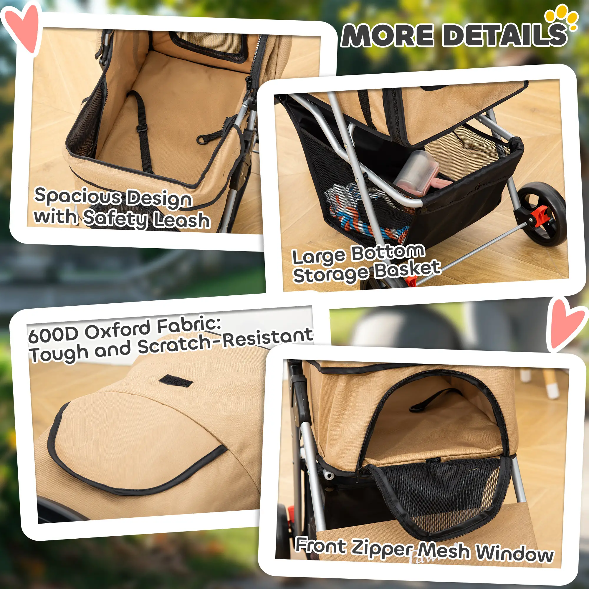 Foldable Pet Stroller, 4 Wheels, Storage Basket, Cup Holder, Coffee - Image 4