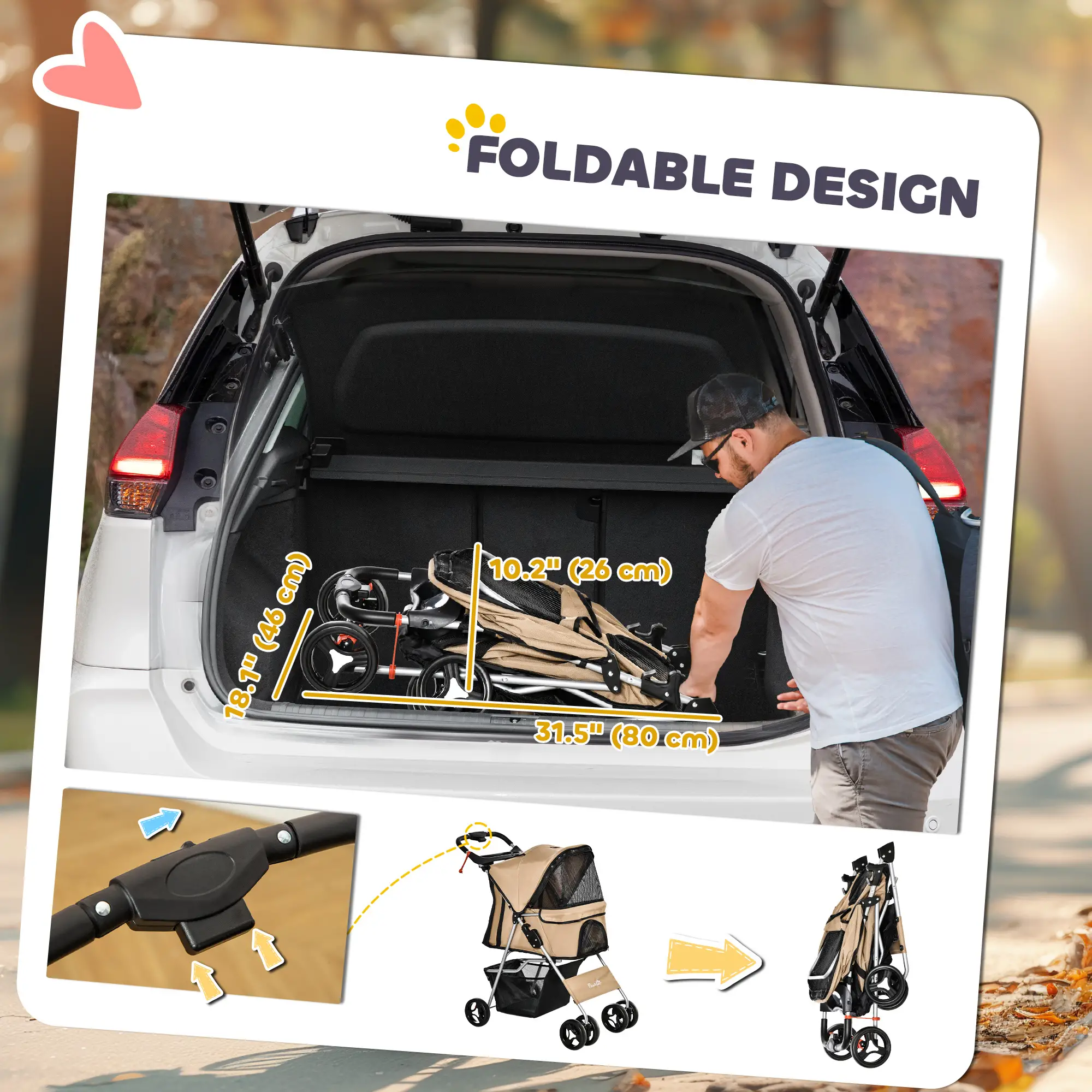 Foldable Pet Stroller, 4 Wheels, Storage Basket, Cup Holder, Coffee - Image 6