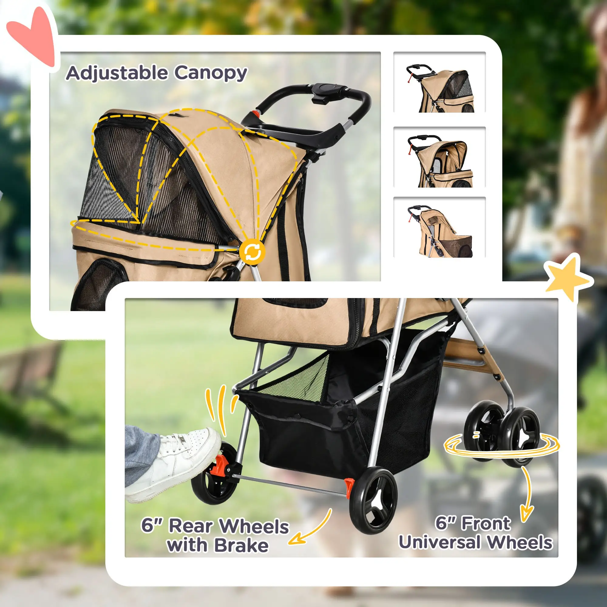 Foldable Pet Stroller, 4 Wheels, Storage Basket, Cup Holder, Coffee - Image 7