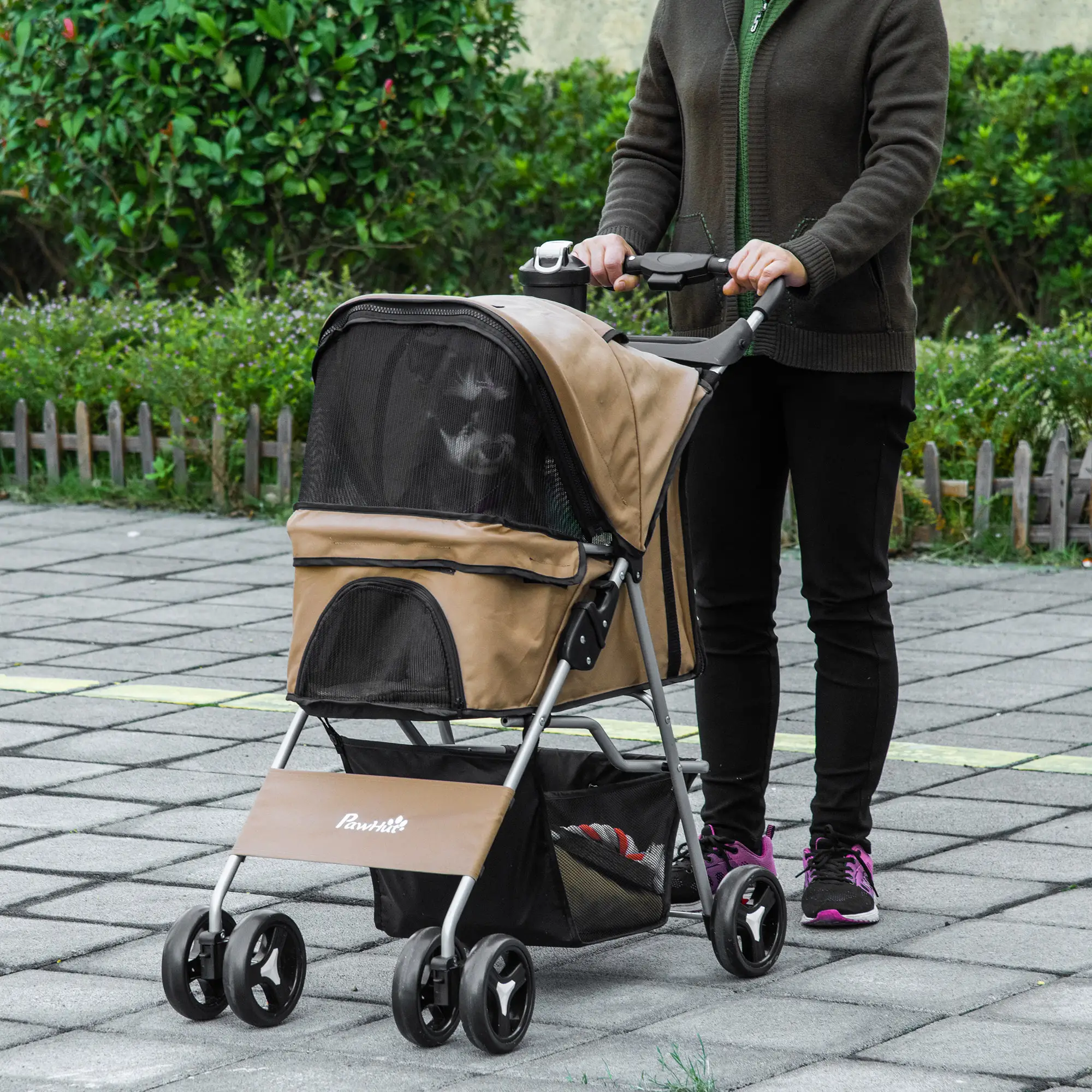 Foldable Pet Stroller, 4 Wheels, Storage Basket, Cup Holder, Coffee - Image 8