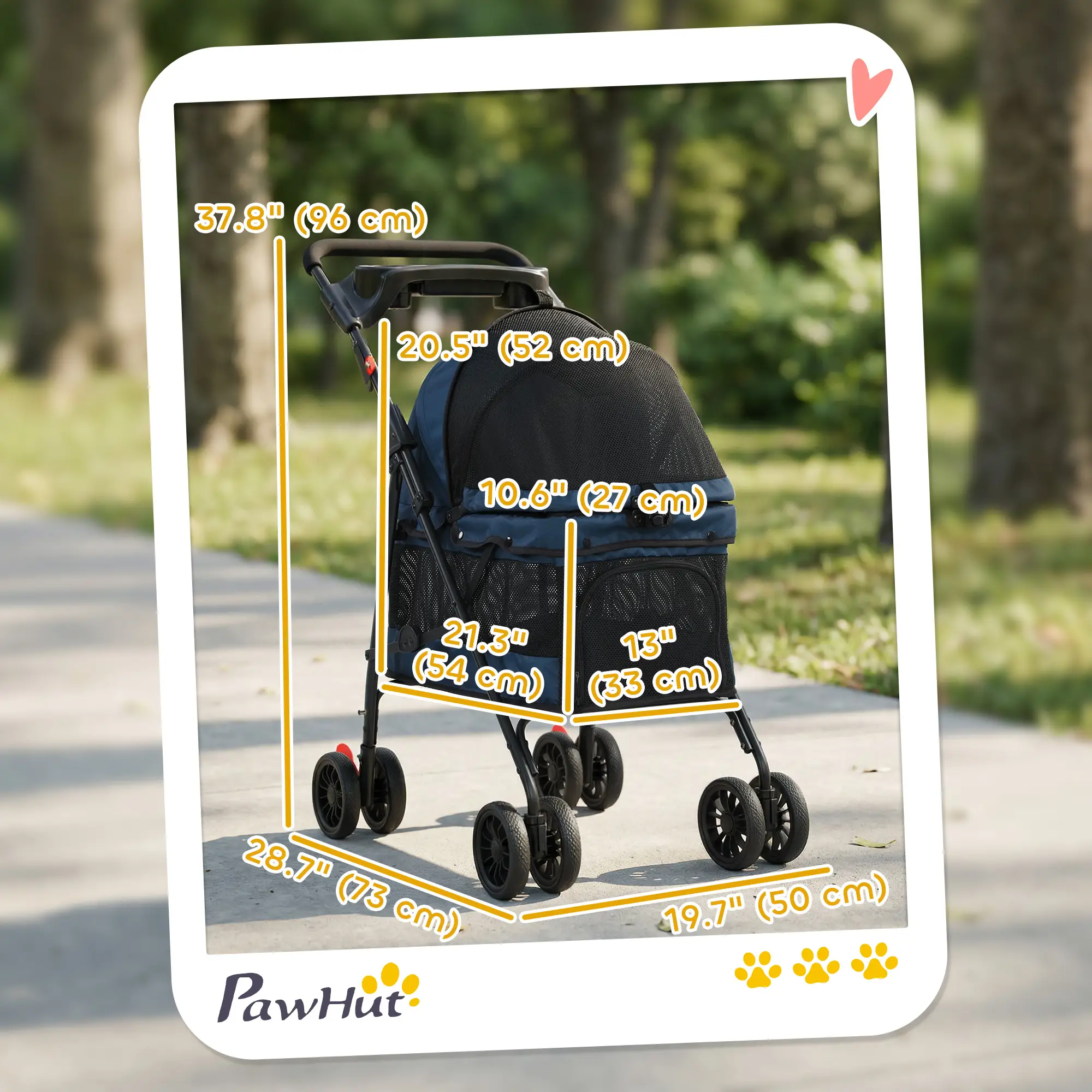 Foldable Pet Stroller for Small Dogs and Cats with 4 Wheels, Mesh Windows, Brake, Removable Pad, Storage Tray, Dark Blue - Image 3