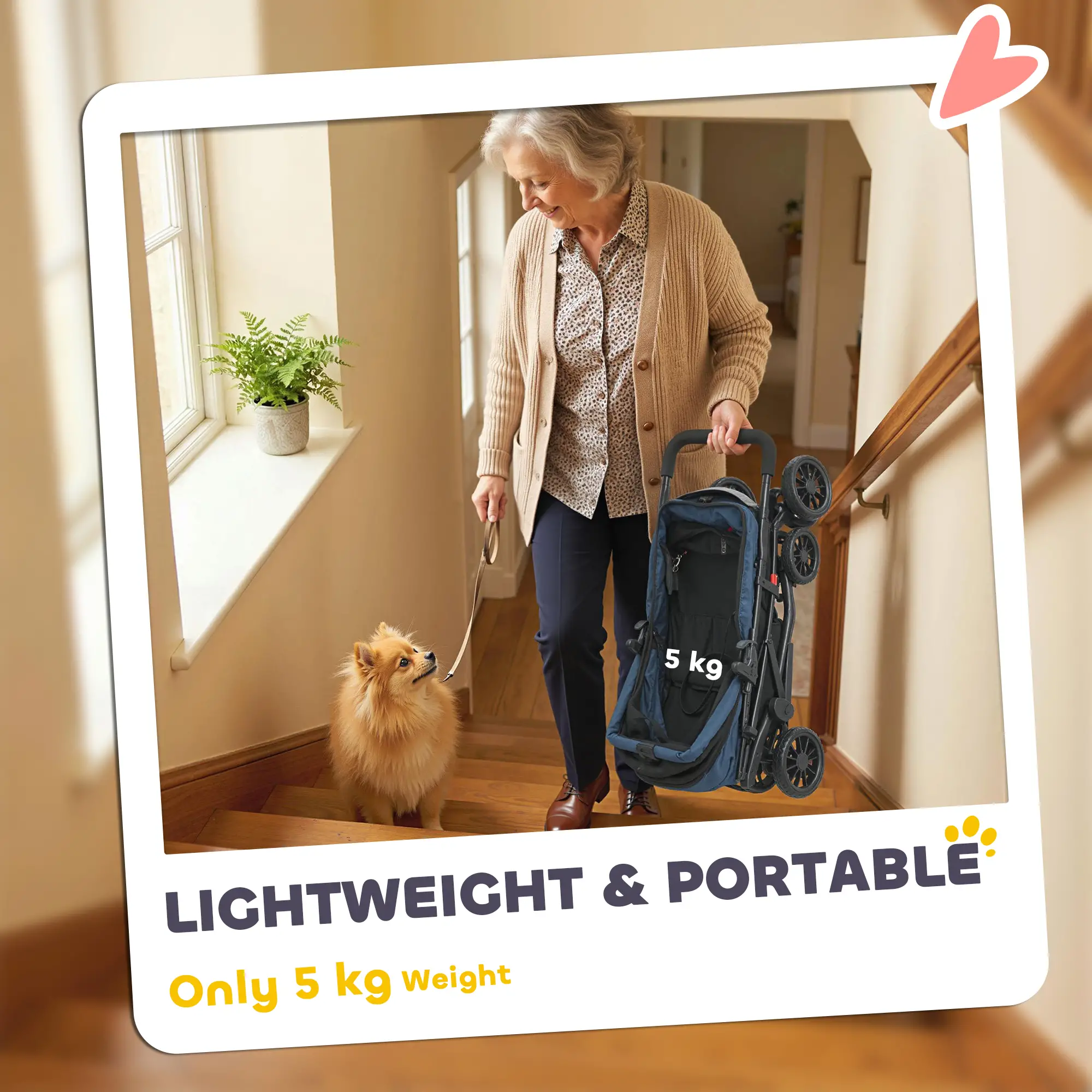 Foldable Pet Stroller for Small Dogs and Cats with 4 Wheels, Mesh Windows, Brake, Removable Pad, Storage Tray, Dark Blue - Image 5