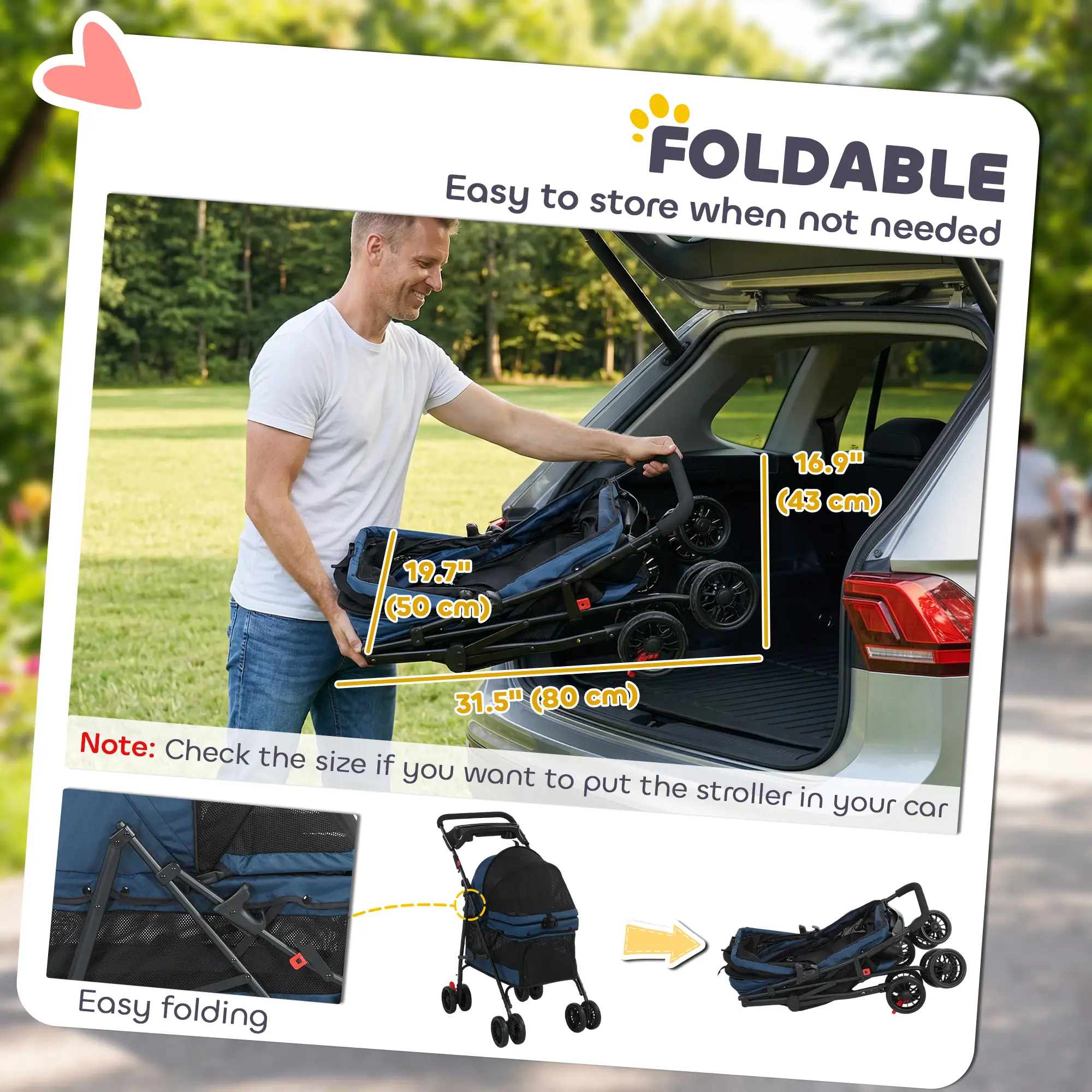 Foldable Pet Stroller for Small Dogs and Cats with 4 Wheels, Mesh Windows, Brake, Removable Pad, Storage Tray, Dark Blue - Image 6