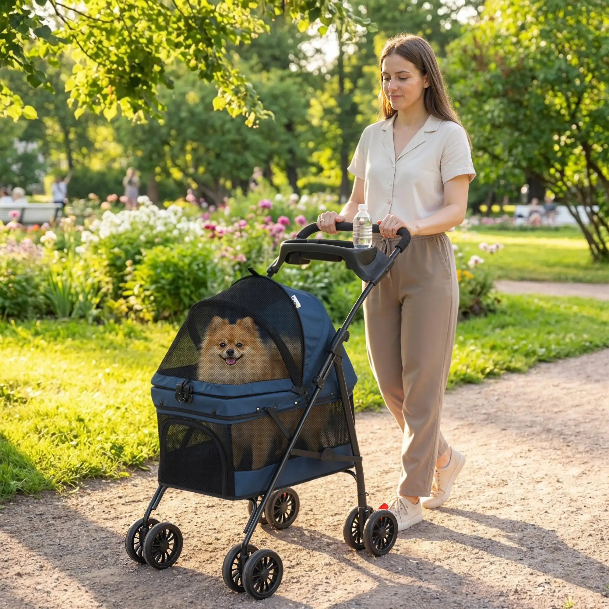 Foldable Pet Stroller for Small Dogs and Cats with 4 Wheels, Mesh Windows, Brake, Removable Pad, Storage Tray, Dark Blue - Image 8