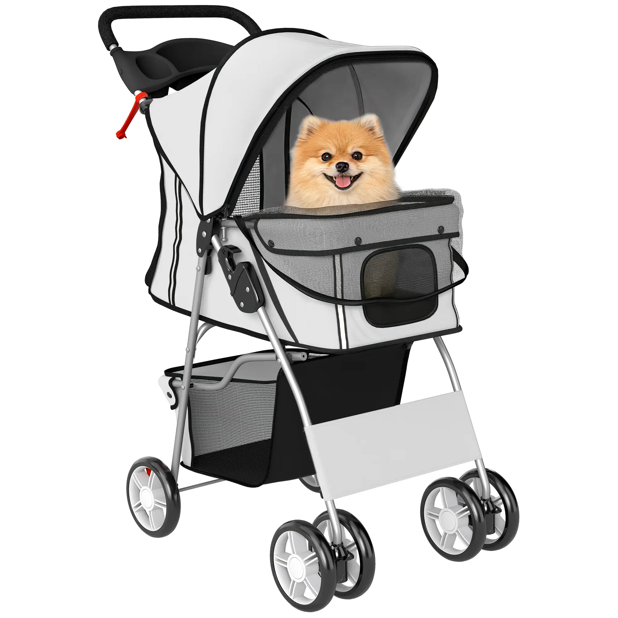 Foldable Pet Stroller, With Wheels, Reflective Strips, Brake, Pad, Basket, Grey - Image 11