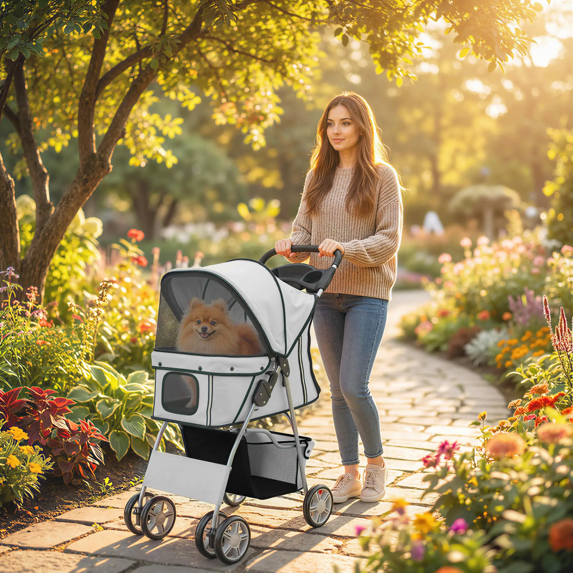 Foldable Pet Stroller, With Wheels, Reflective Strips, Brake, Pad, Basket, Grey - Image 2